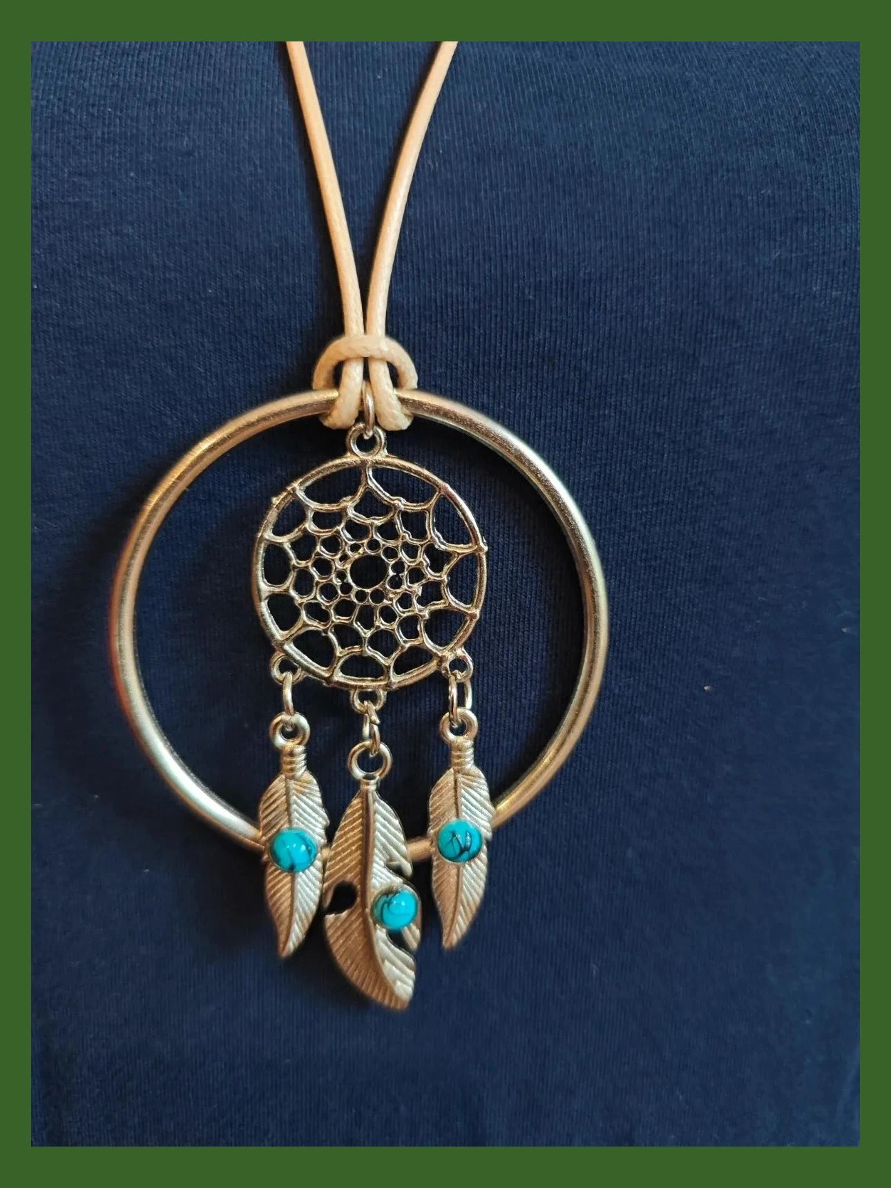🌺Colgante con aro de metal plateado con atrapasueños con abalorios color turquesa 2