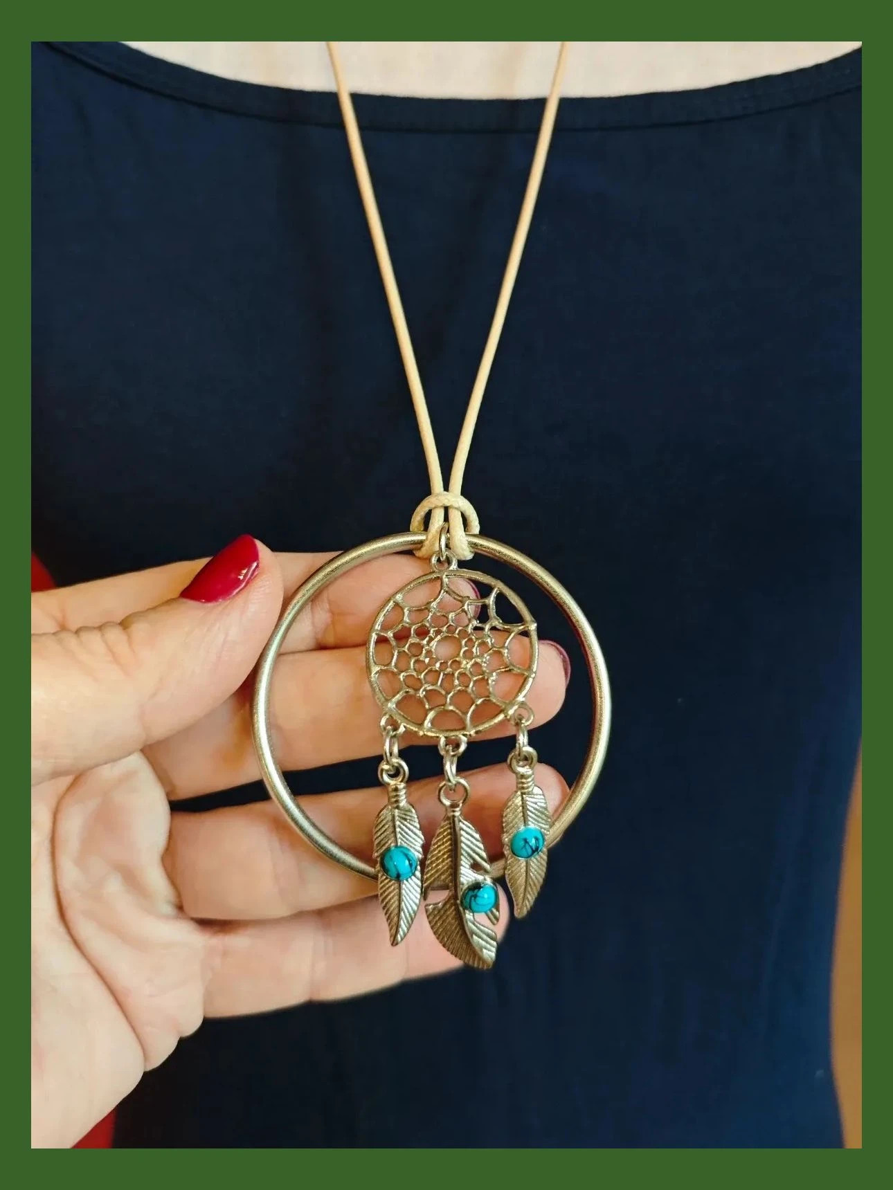 🌺Colgante con aro de metal plateado con atrapasueños con abalorios color turquesa 3