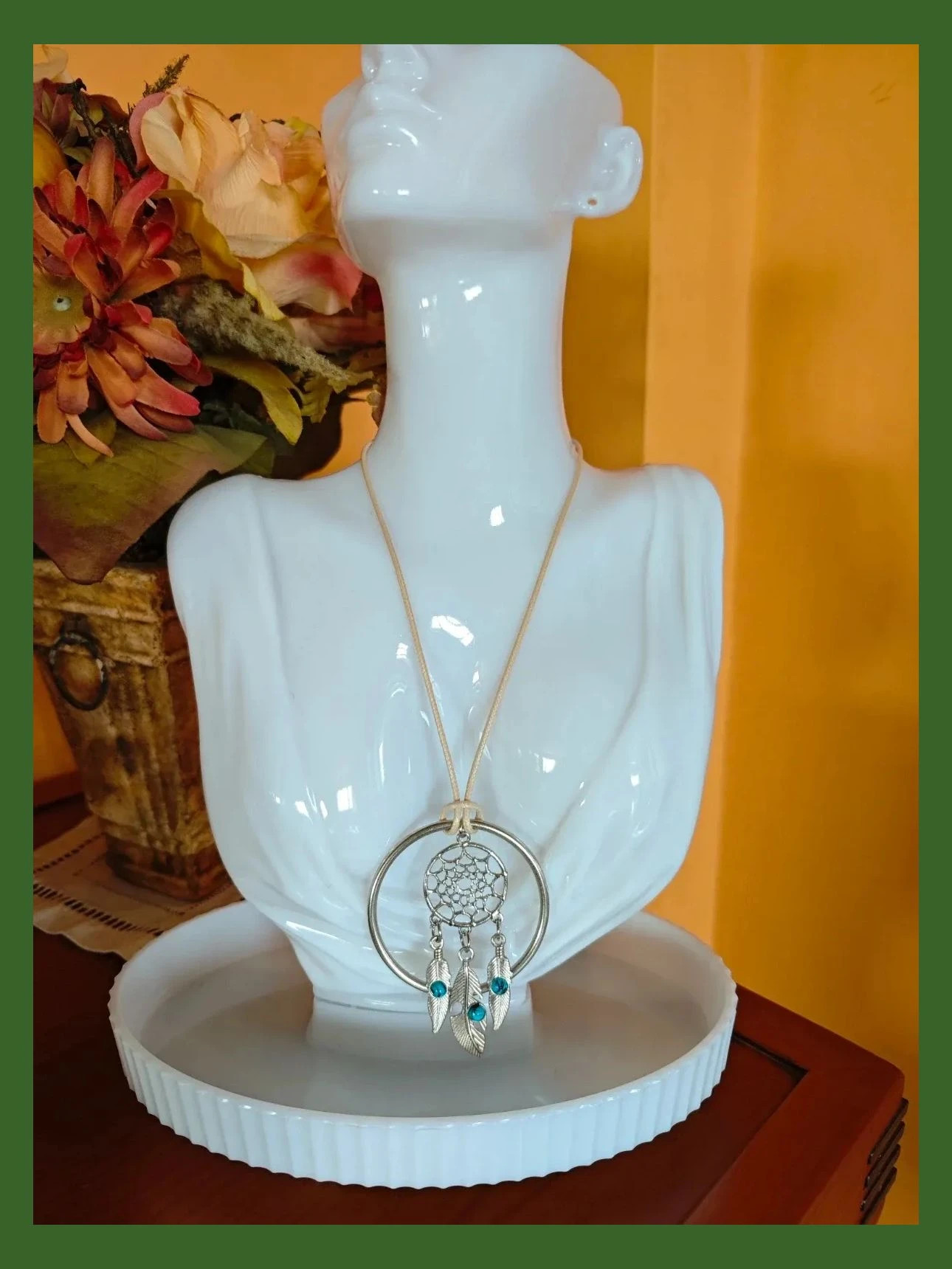 🌺Colgante con aro de metal plateado con atrapasueños con abalorios color turquesa 5