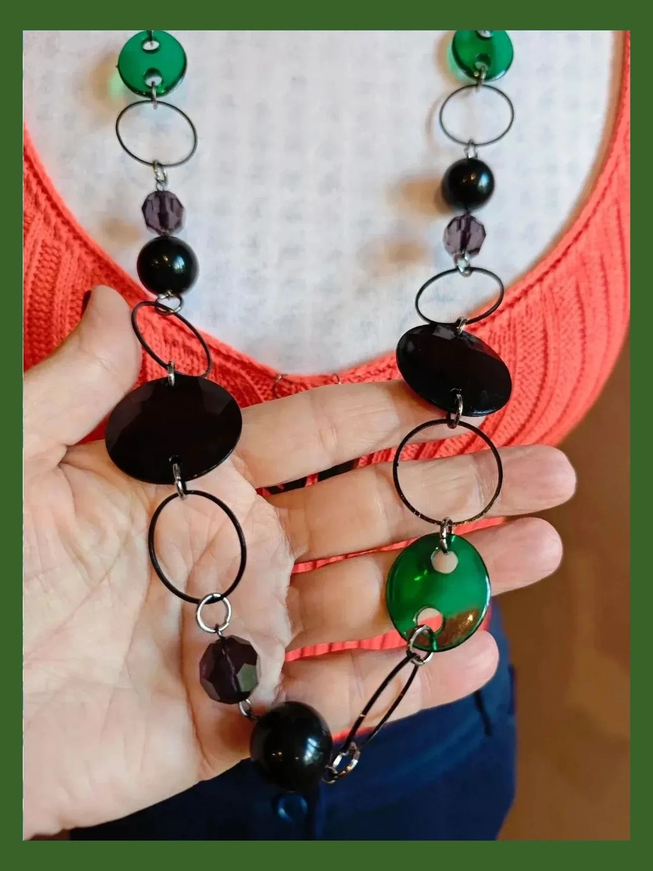 🌺Conjunto de collar largo eslabones negro y verde con pendientes 2
