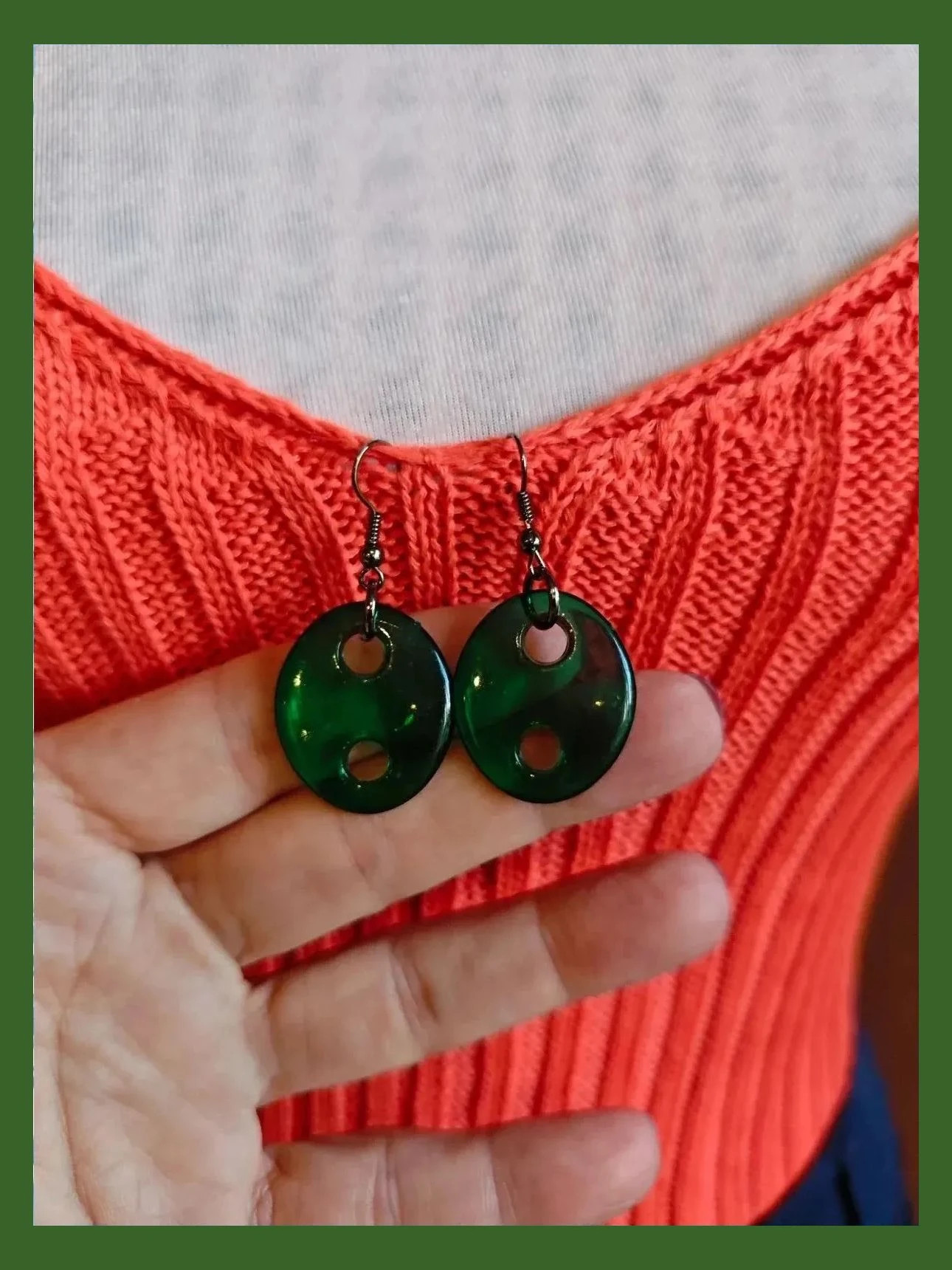 🌺Conjunto de collar largo eslabones negro y verde con pendientes 4