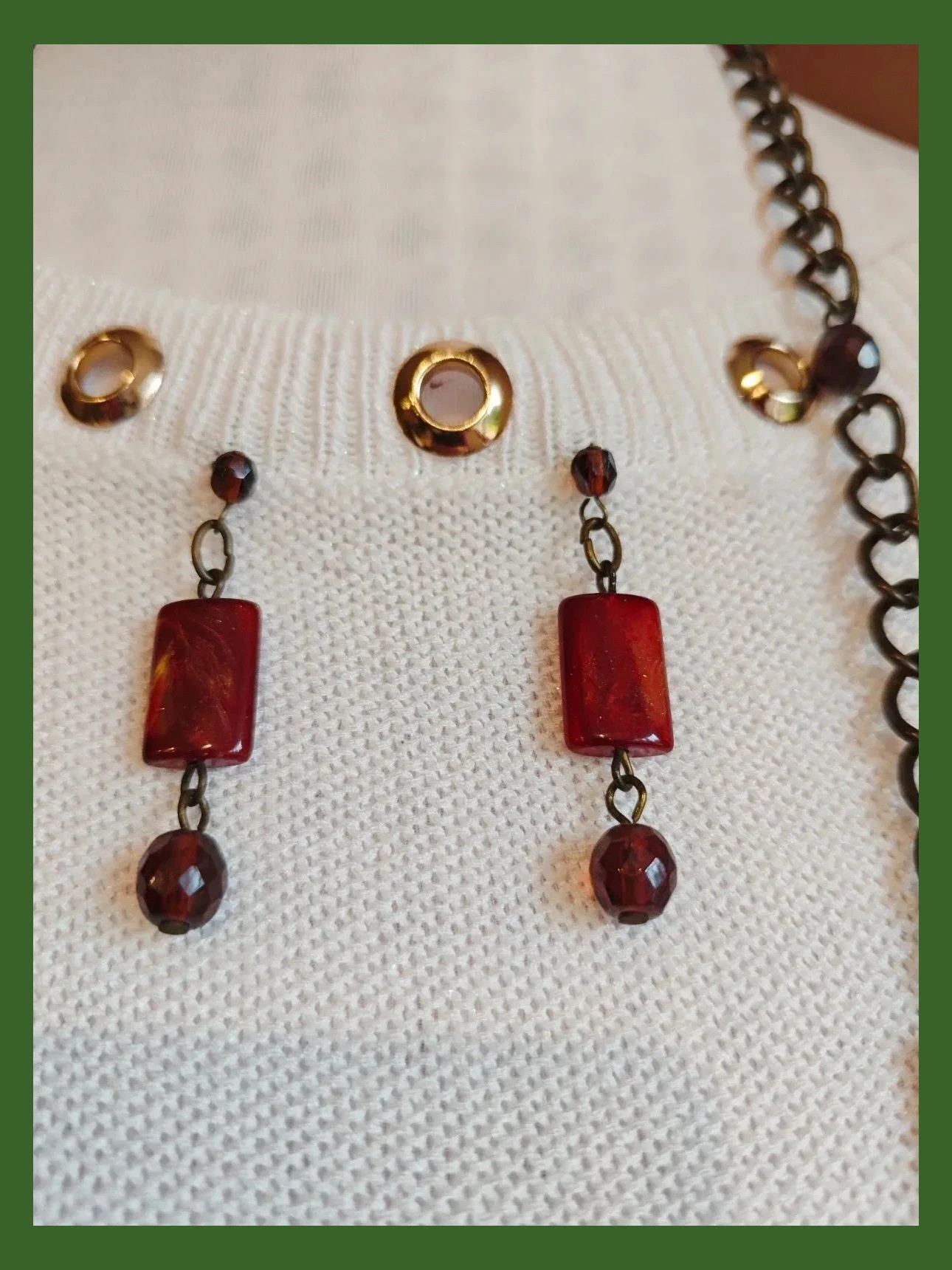 🌺 Conjunto de collar largo, pulsera y pendientes dorado envejecido con abalorios marrón adamascado 2