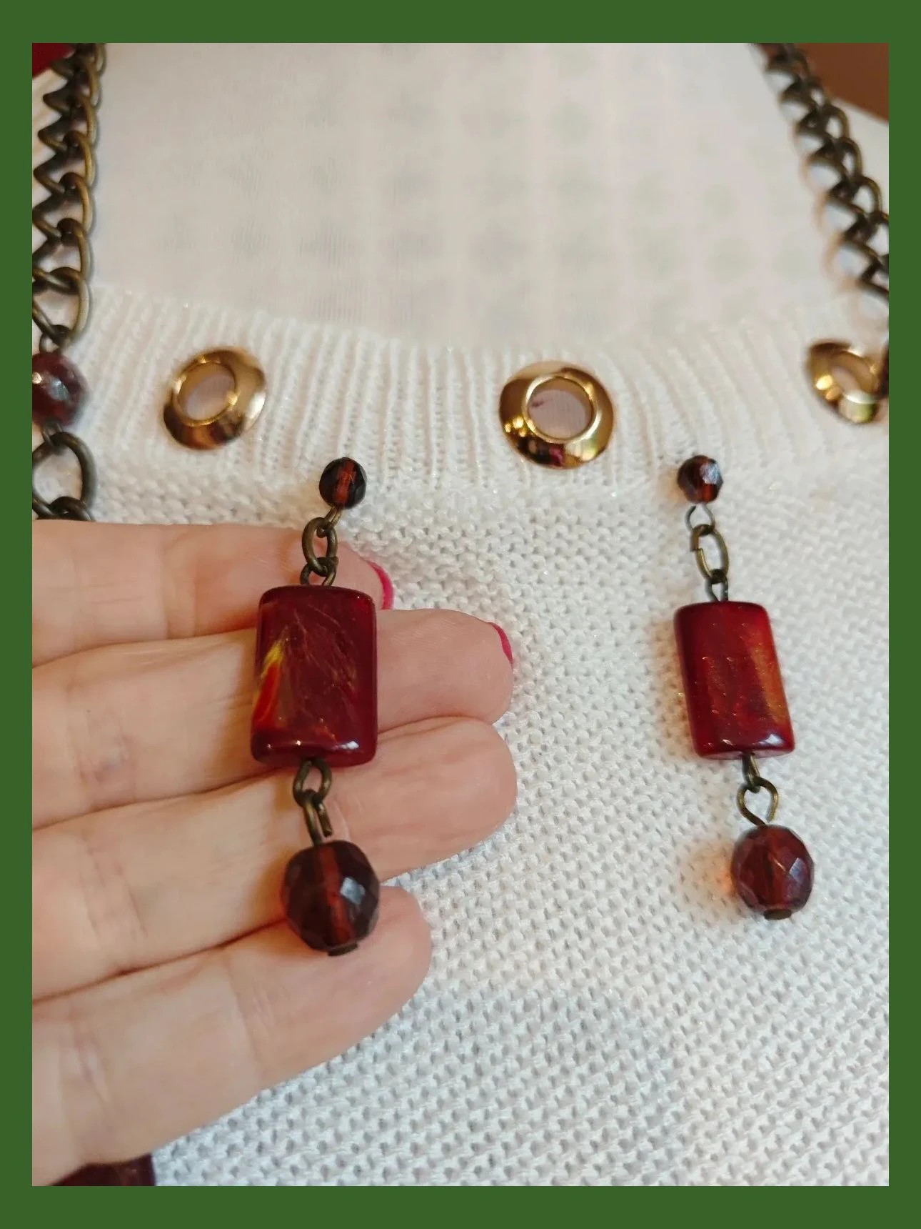 🌺 Conjunto de collar largo, pulsera y pendientes dorado envejecido con abalorios marrón adamascado 3
