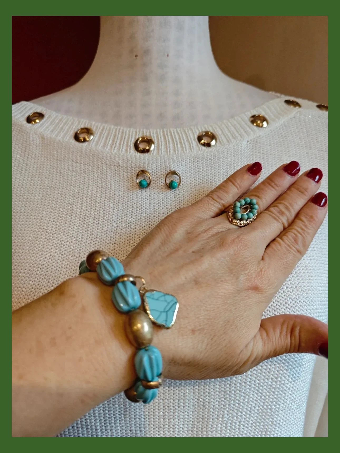 🌺 Conjunto de pulsera, pendientes y anillo dorado y turquesa