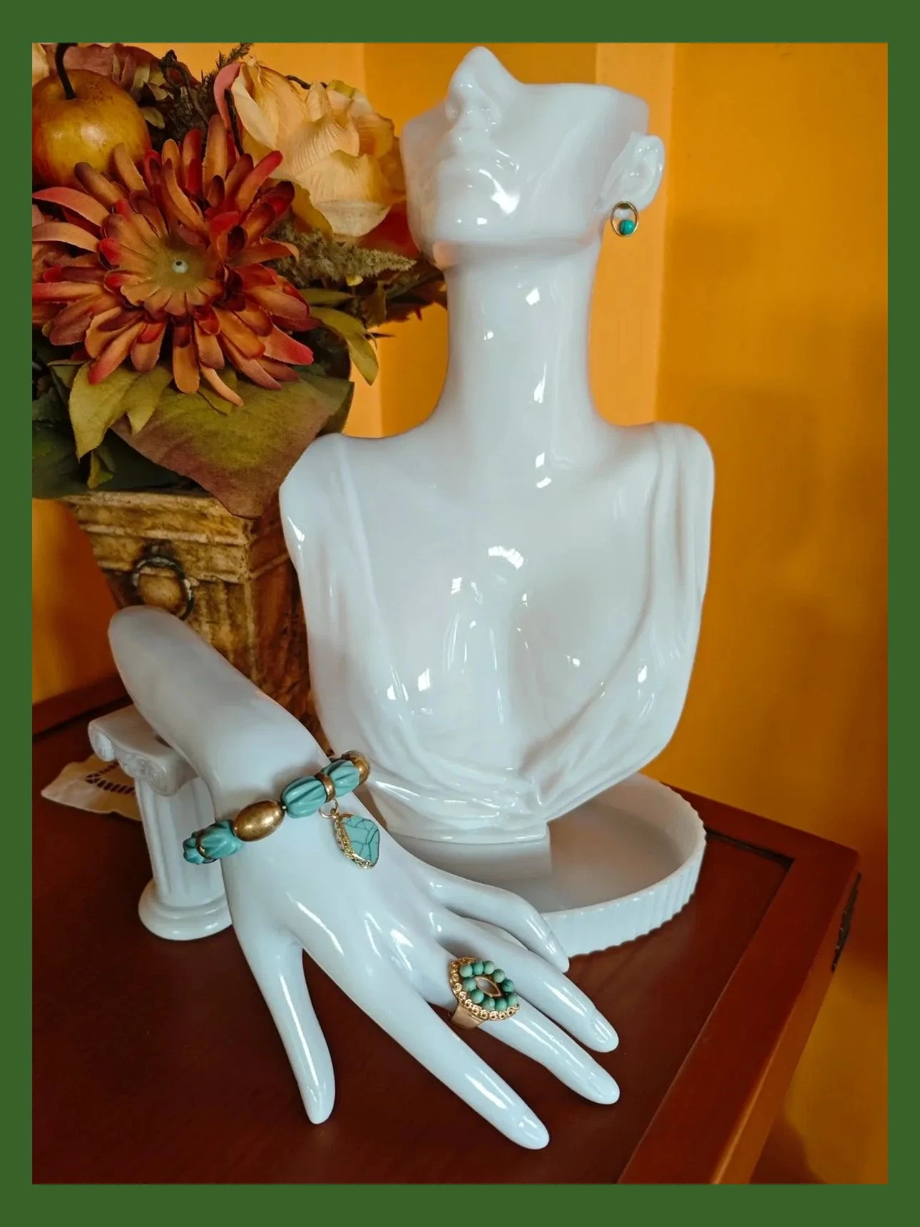 🌺 Conjunto de pulsera, pendientes y anillo dorado y turquesa – Bijou Brigitte 2