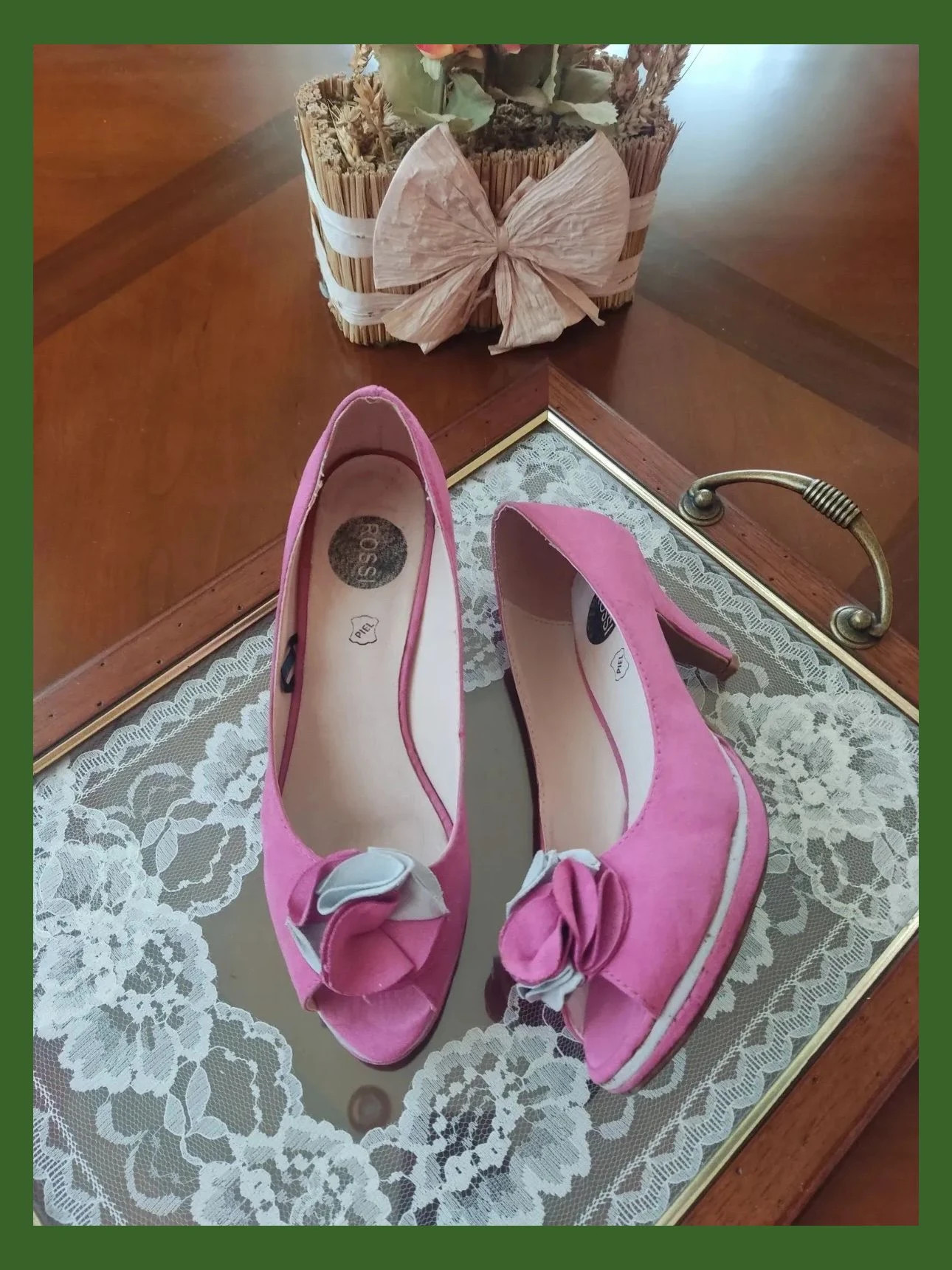 🌺Zapatos peep toe de piel fucsia y gris con pequeña plataforma, número 37