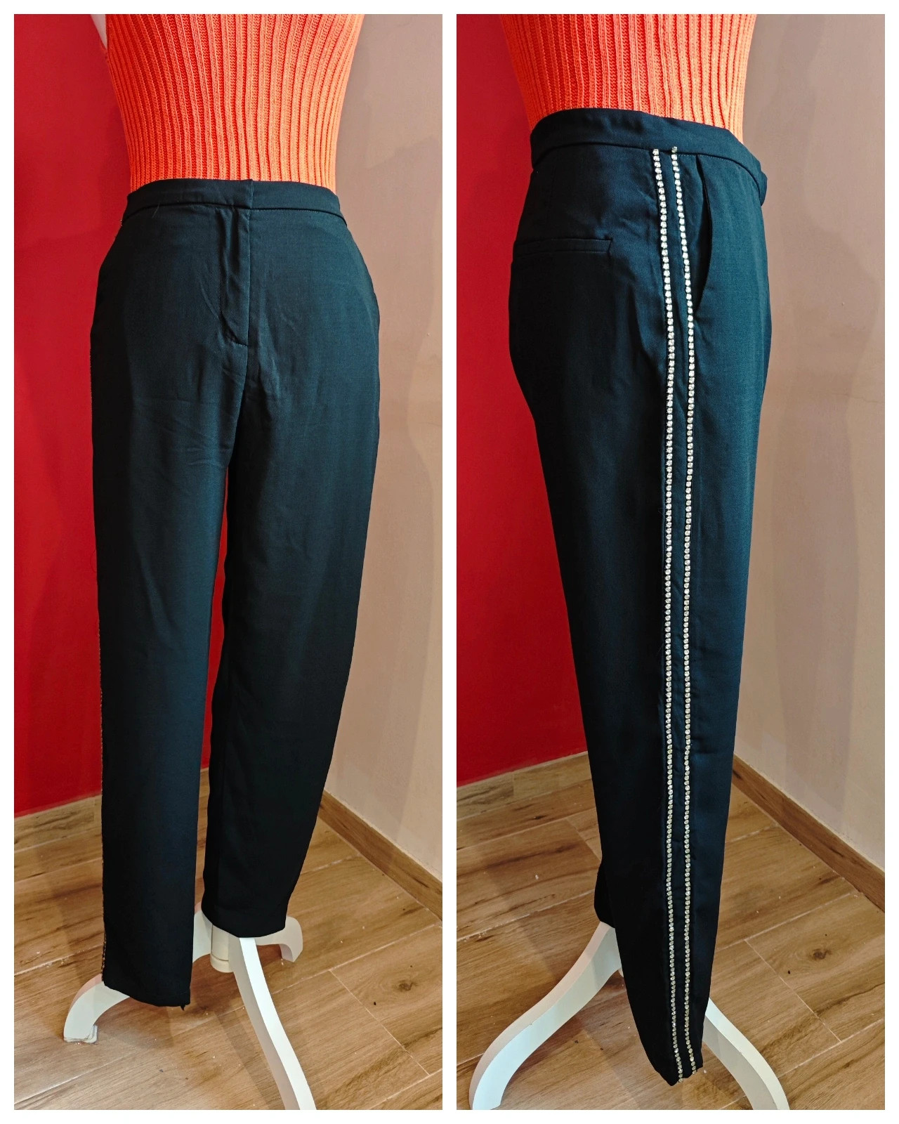 🌺Elegante pantalón negro de tela fina con dos tiras de brillantes en laterales, talla S