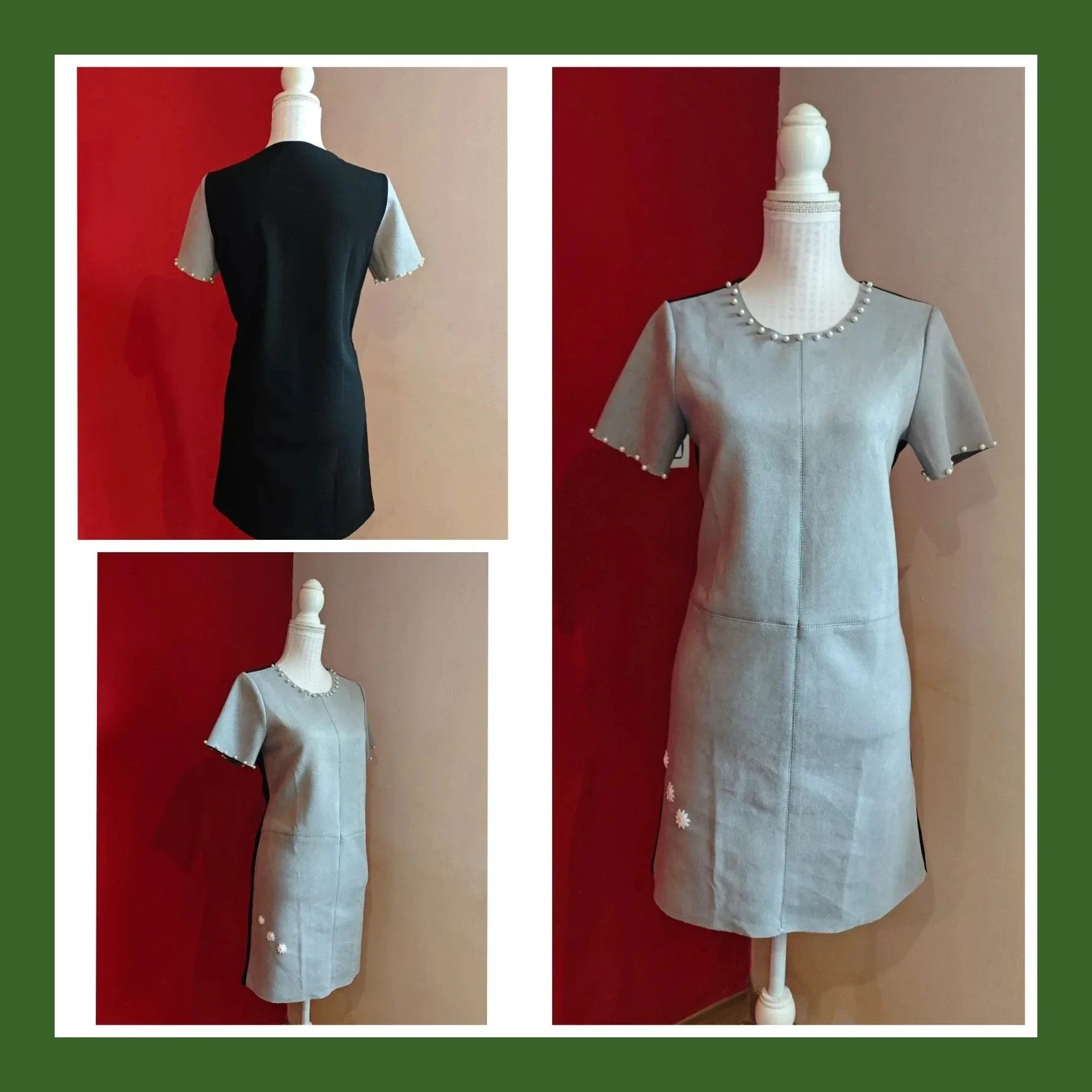 🌺 Vestido de antelina gris delante con perlas en escote y mangas y punto negro detrás