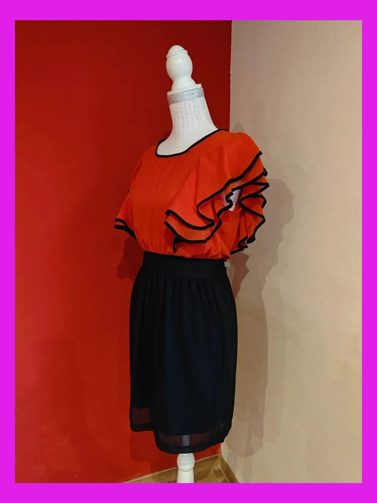 🌺 Bonito vestido vintage de gasa roja arriba y falda negra, con volantes ribeteados de negro – Vintage – taille XL / 42 / 14 2