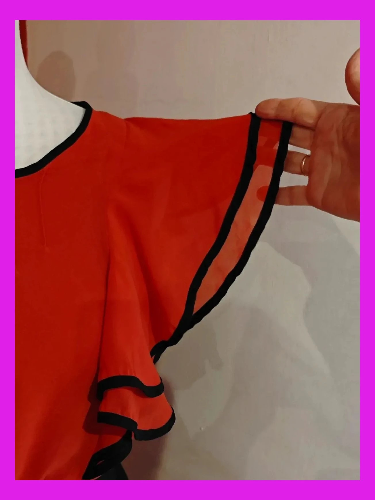 🌺 Bonito vestido vintage de gasa roja arriba y falda negra, con volantes ribeteados de negro – Vintage – taille XL / 42 / 14 3