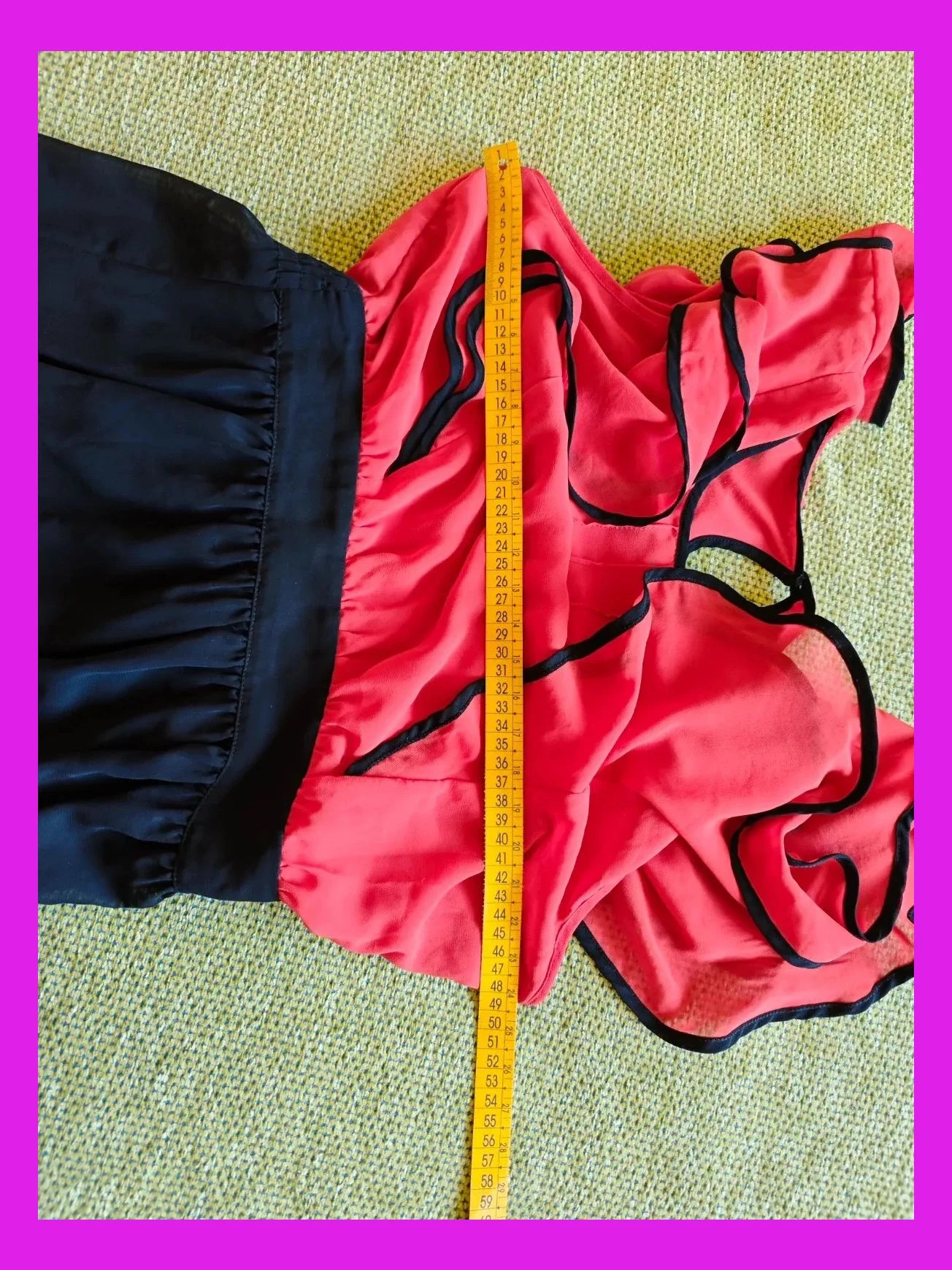 🌺 Bonito vestido vintage de gasa roja arriba y falda negra, con volantes ribeteados de negro – Vintage – taille XL / 42 / 14 5