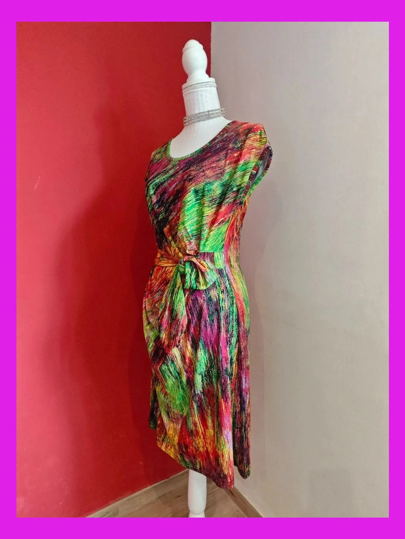 🌺 Precioso vestido estampado multicolor con fruncido y lazo en cintura – bdba – taille XL / 42 / 14 2