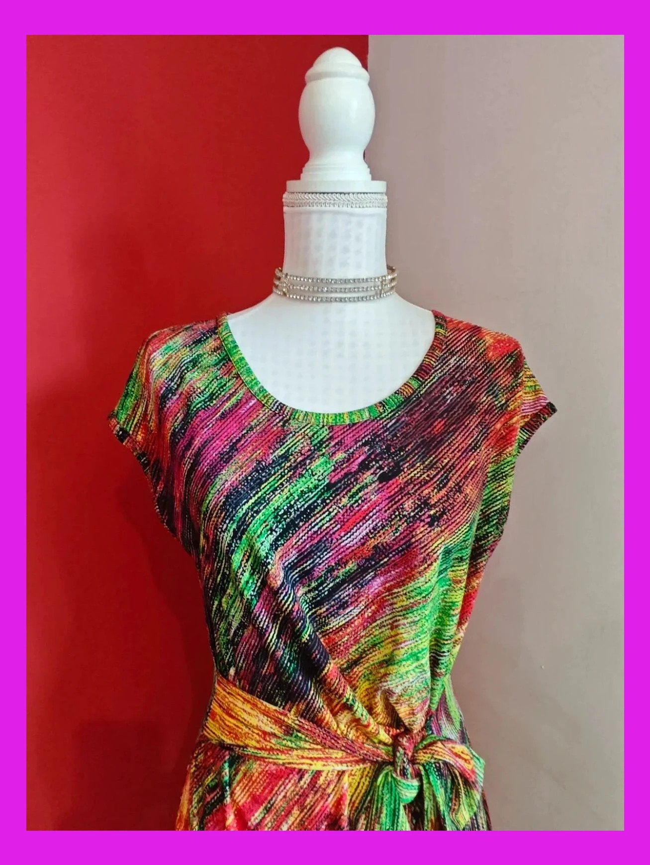 🌺 Precioso vestido estampado multicolor con fruncido y lazo en cintura – bdba – taille XL / 42 / 14 3