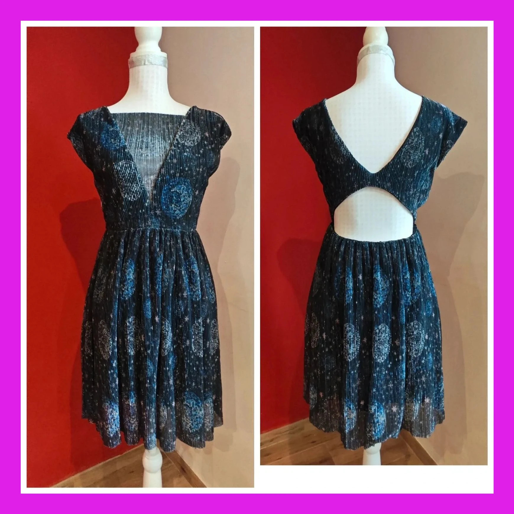 🌺 Elegante vestido para eventos de gasa plisada negra con brillos plateados y espalda abierta