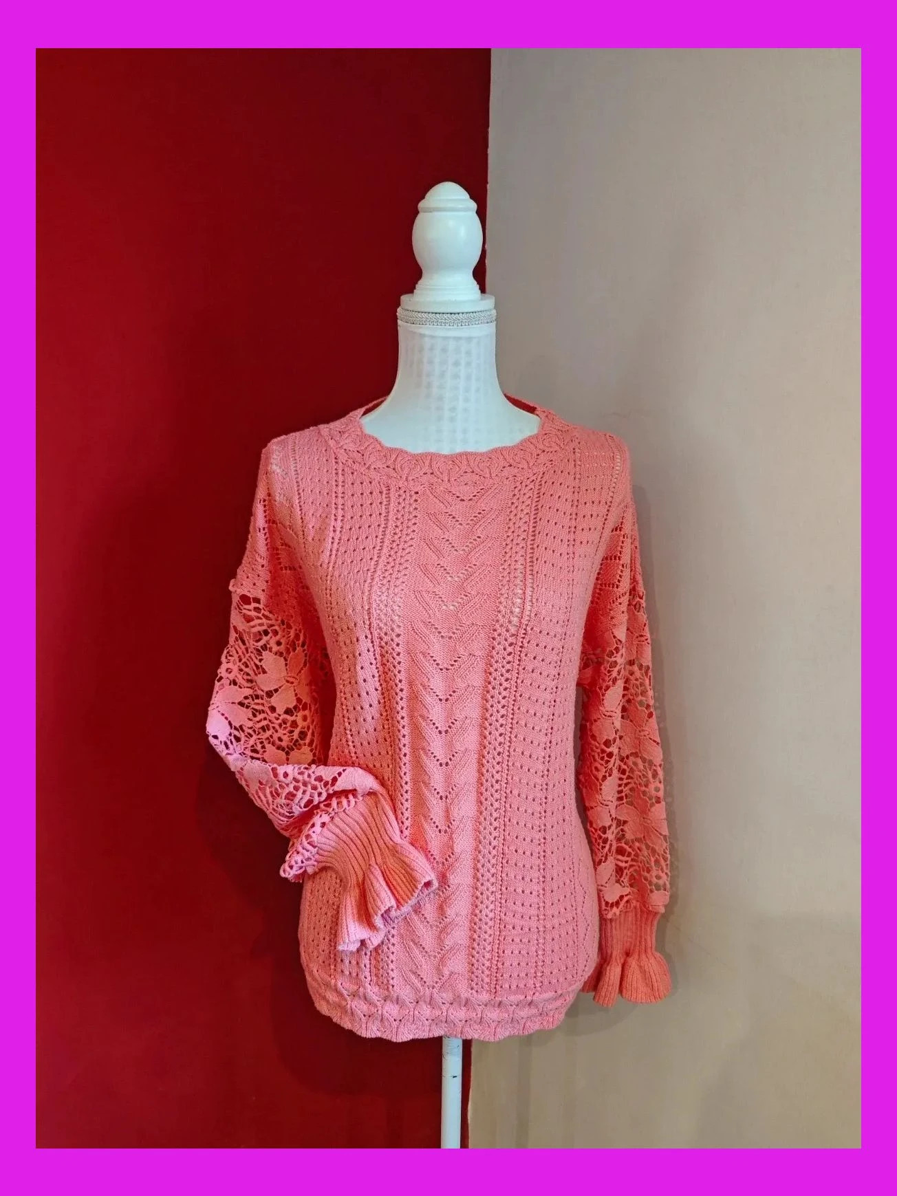🌺 Precioso jersey rosa de entretiempo con puntos variados y mangas de crochet – desconocida – taille XXL / 44 / 16