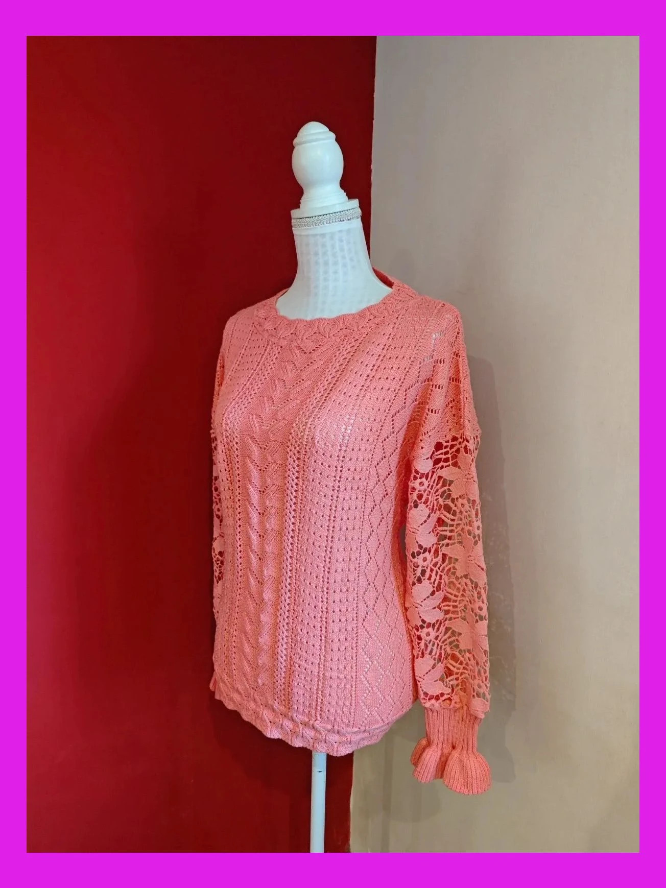 🌺 Precioso jersey rosa de entretiempo con puntos variados y mangas de crochet – desconocida – taille XXL / 44 / 16 2