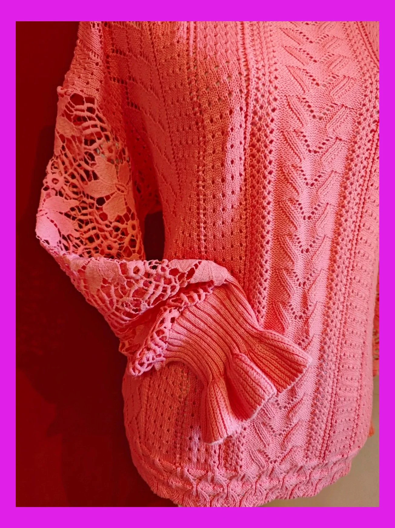 🌺 Precioso jersey rosa de entretiempo con puntos variados y mangas de crochet – desconocida – taille XXL / 44 / 16 3