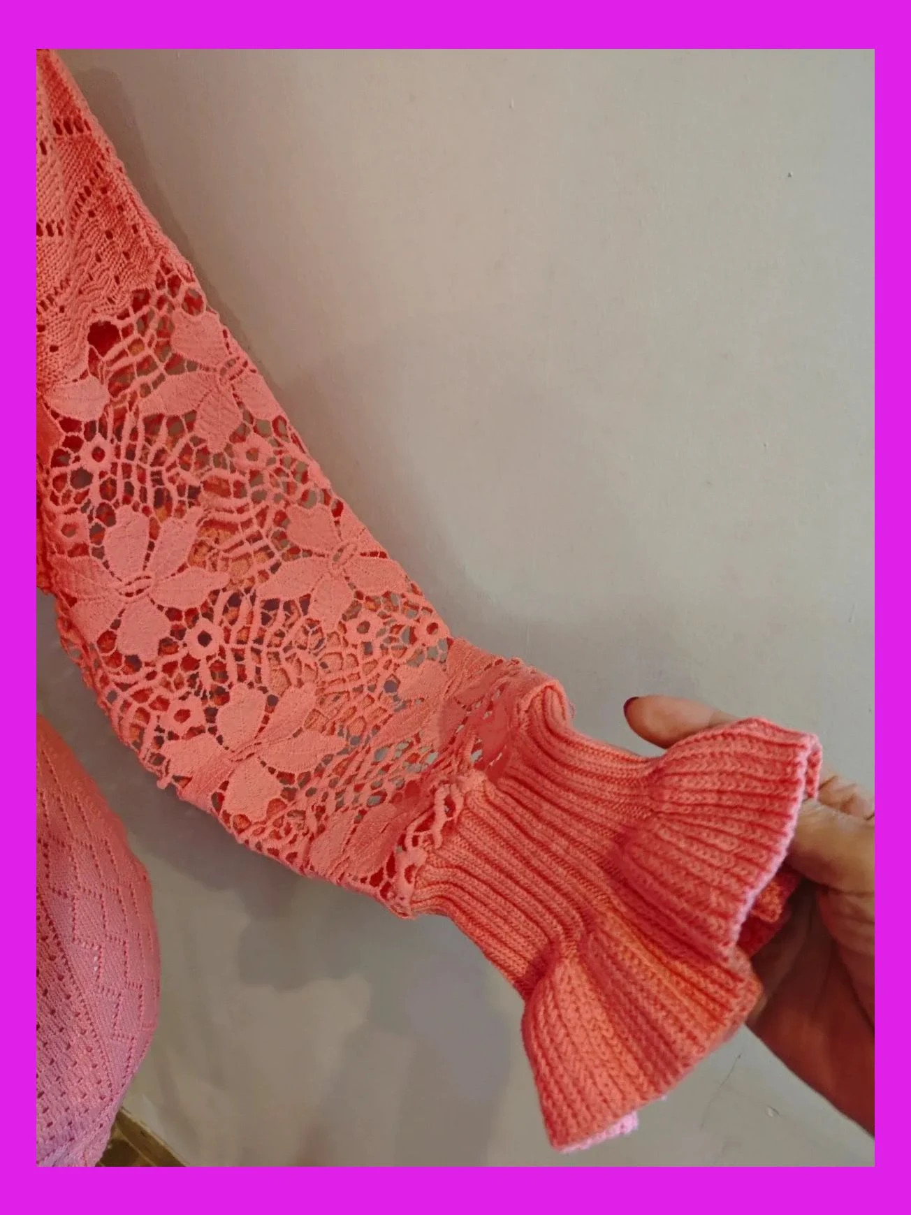 🌺 Precioso jersey rosa de entretiempo con puntos variados y mangas de crochet – desconocida – taille XXL / 44 / 16 4