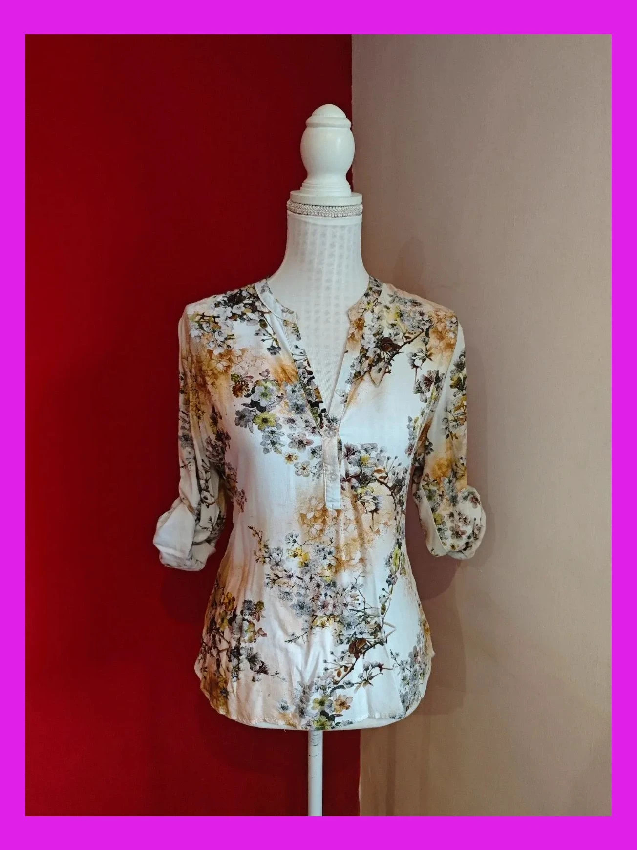 🌺Blusa blanca con estampado floral tonos verde y tierra – Boteli – taille XXL / 44 / 16 2