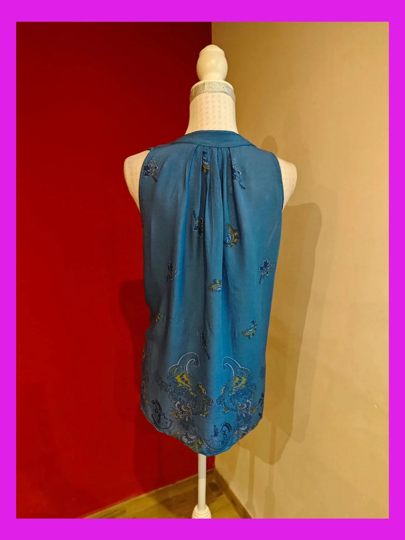 🌺Blusa azul con estampado en el bajo y pliegues en cuello – taille 4XL / 48 / 20 3