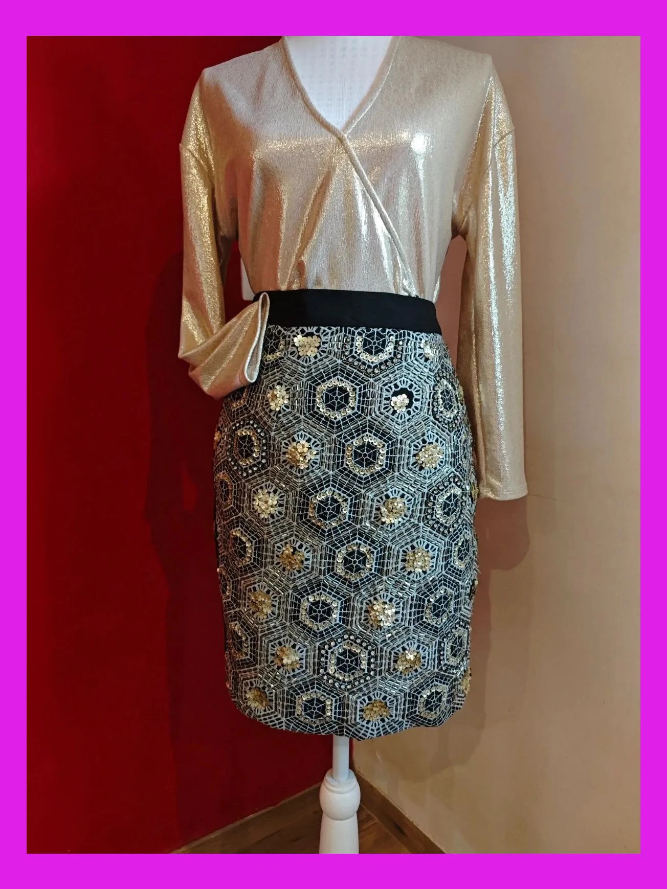 🌺 Original y elegante minifalda con frente bordado en beige con lentejuelas, abalorios y brillantes – Sister Jane – taille L / 40 / 12 2