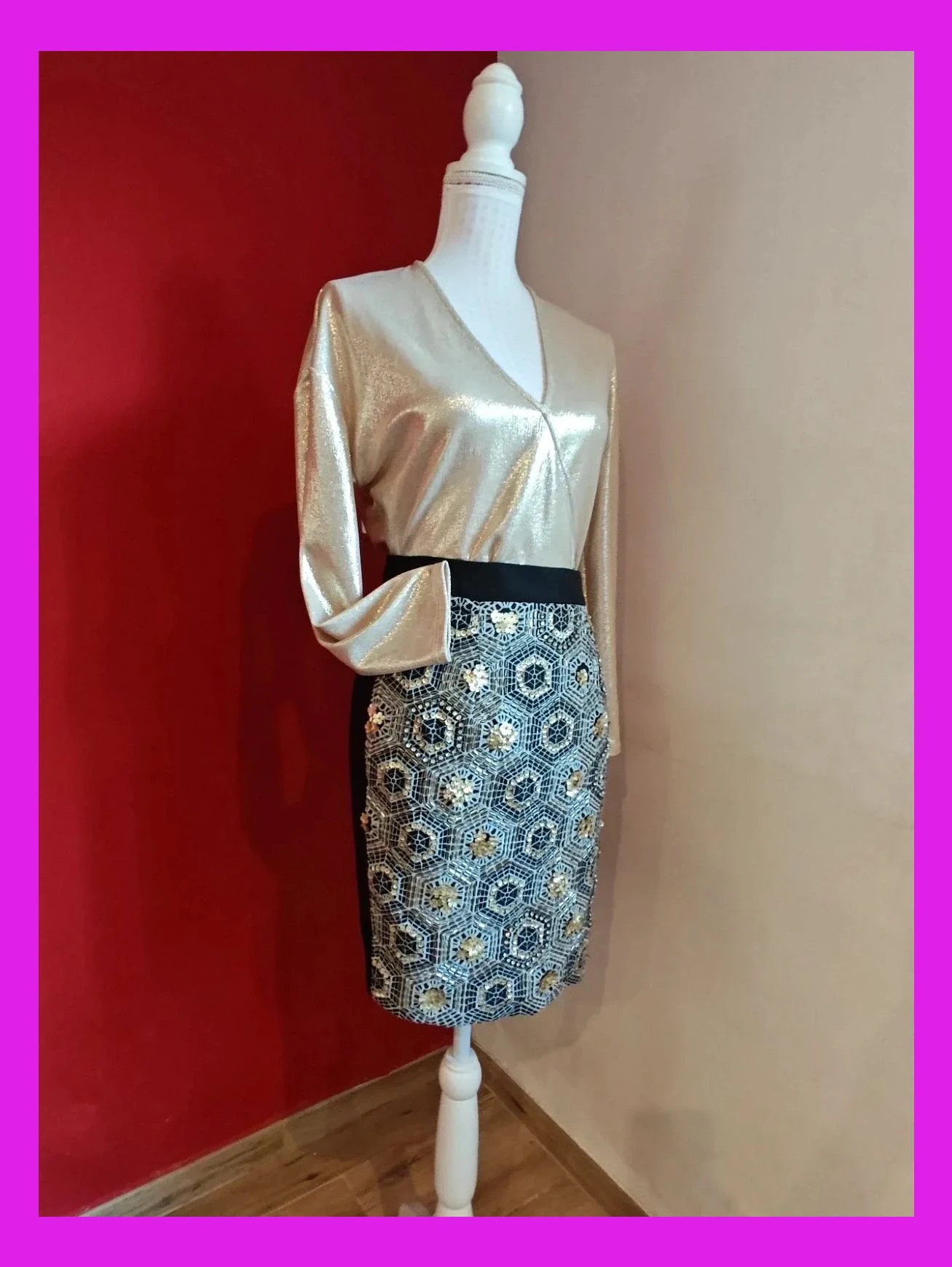 🌺 Original y elegante minifalda con frente bordado en beige con lentejuelas, abalorios y brillantes – Sister Jane – taille L / 40 / 12 3