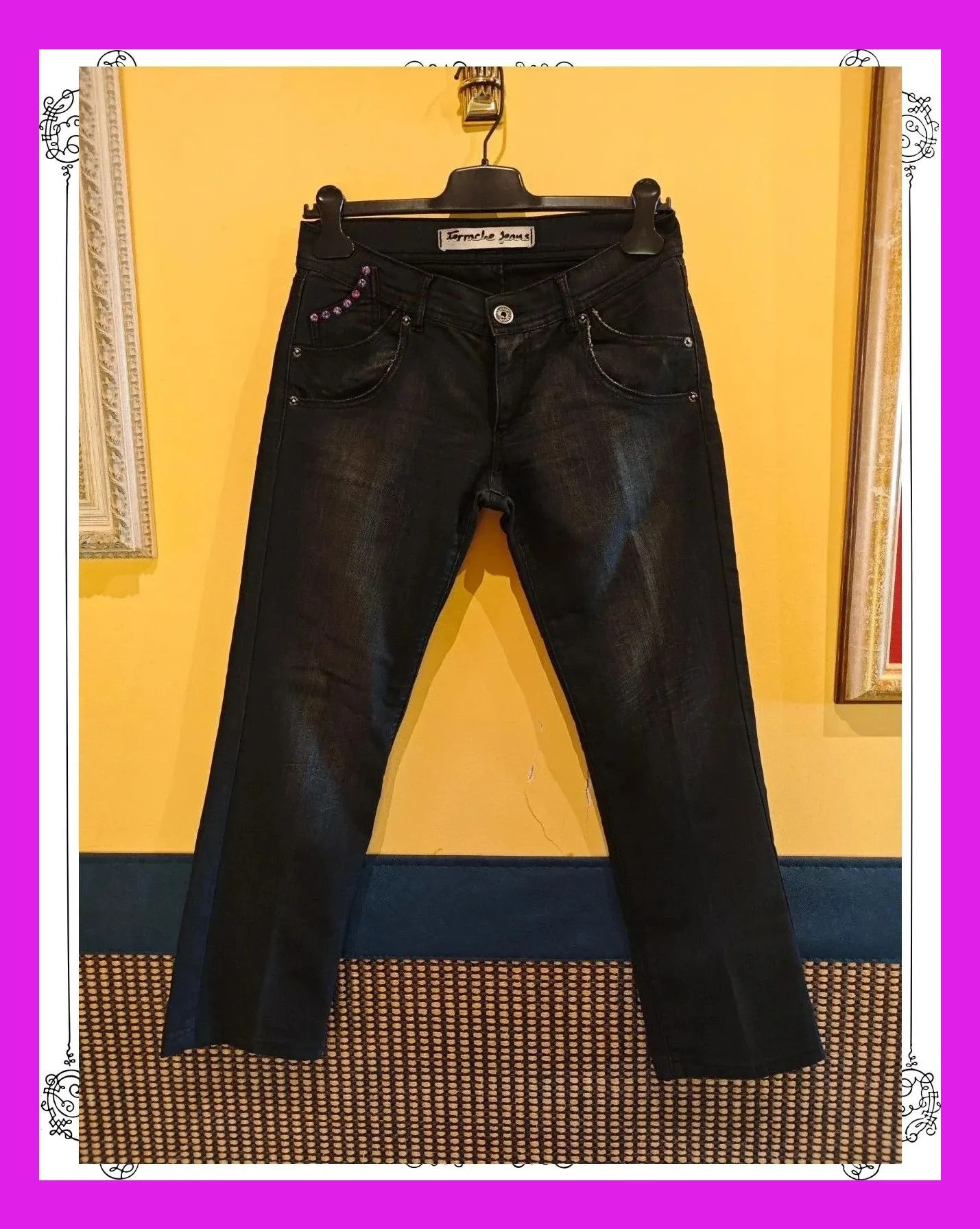 🌺 Elegante vaquero negro deslavado con abalorios y cremallera en bolsillos traseros, de Ferrache – Ferrache – taille M / 38 / 10 2