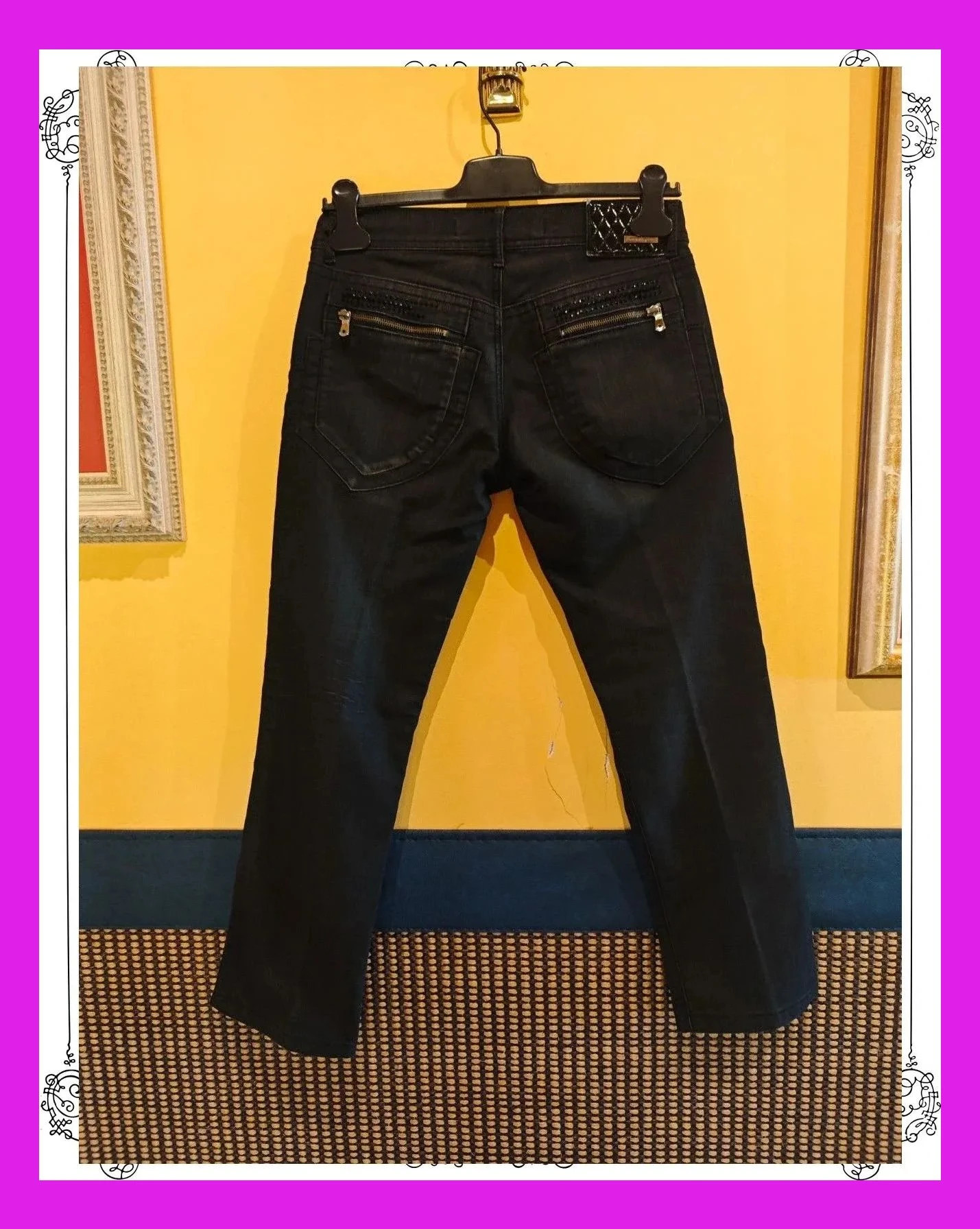 🌺 Elegante vaquero negro deslavado con abalorios y cremallera en bolsillos traseros, de Ferrache – Ferrache – taille M / 38 / 10 5