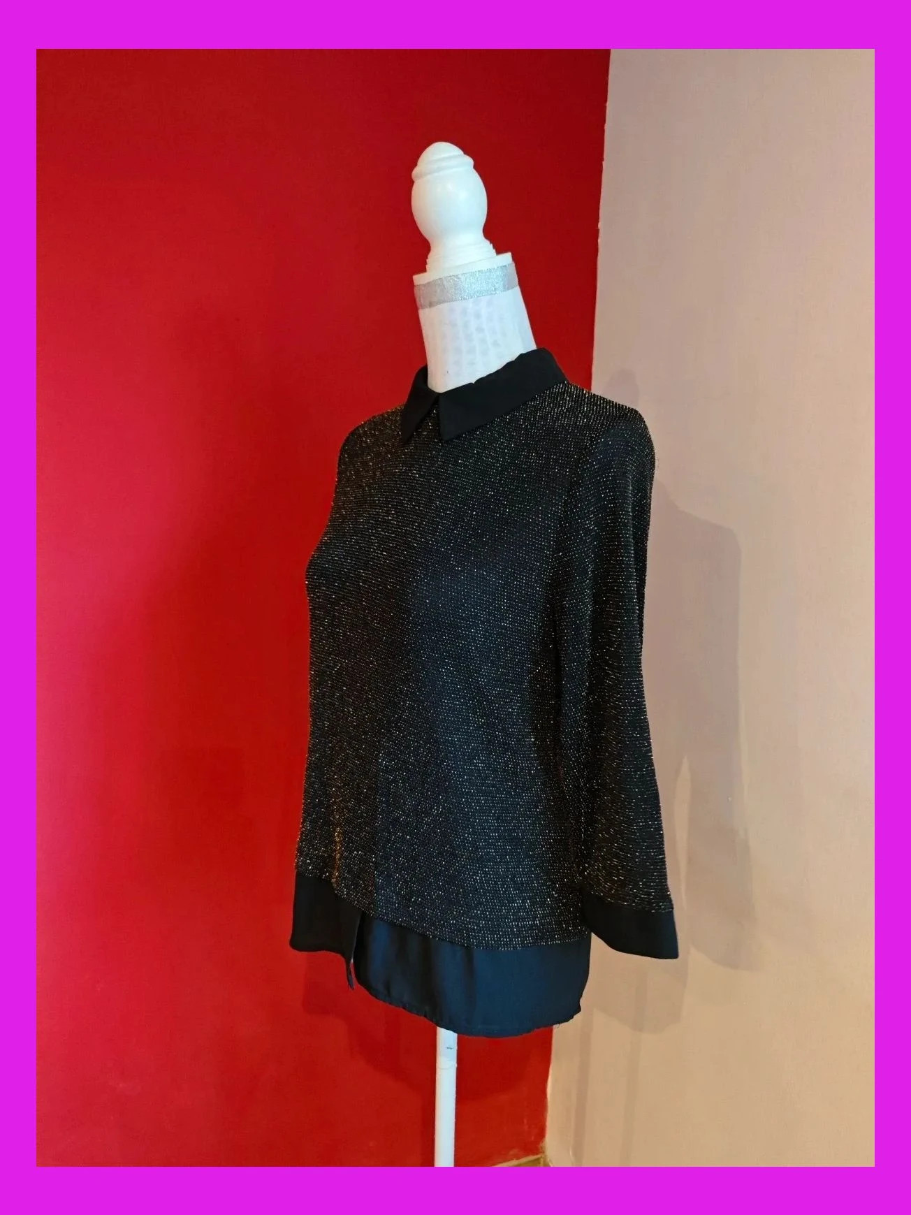 🌺Camiseta de punto lurex negro con brillos dorados y cuello bebé, talla M – Festa – taille M / 38 / 10 2