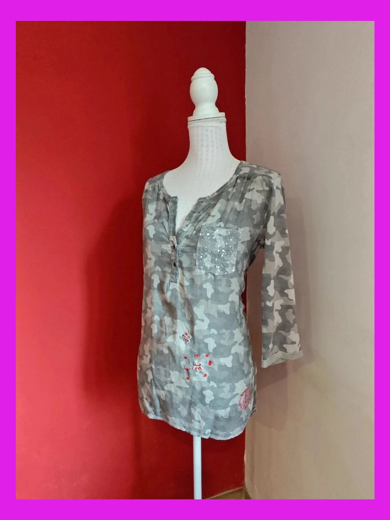 🌺Camiseta con estampado camuflaje tonos grises con bolsillo de lentejuelas – Key Largo – taille XXXL / 46 / 18 2
