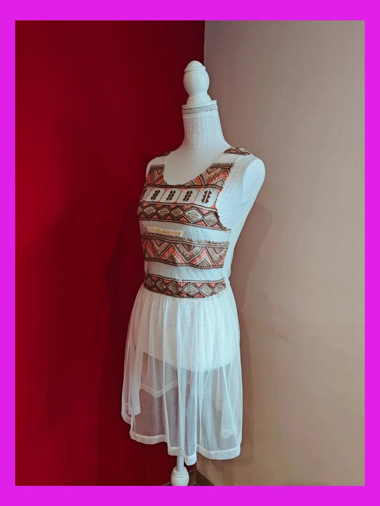 🌺 Vestido caftán de gasa tono crema con bordados étnicos en la parte delantera superior – Vintage Dressing – taille M / 38 / 10 2