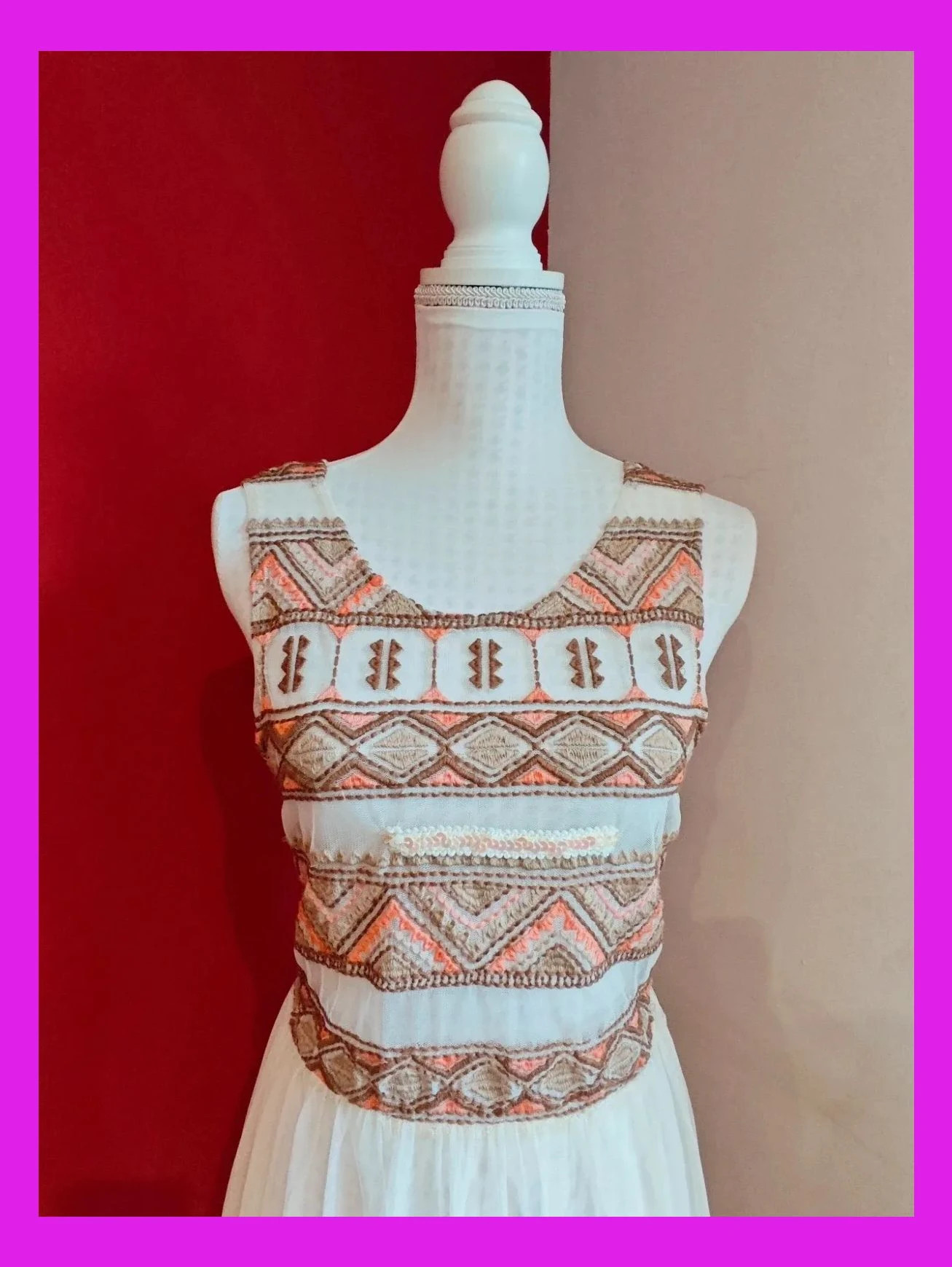 🌺 Vestido caftán de gasa tono crema con bordados étnicos en la parte delantera superior – Vintage Dressing – taille M / 38 / 10 3