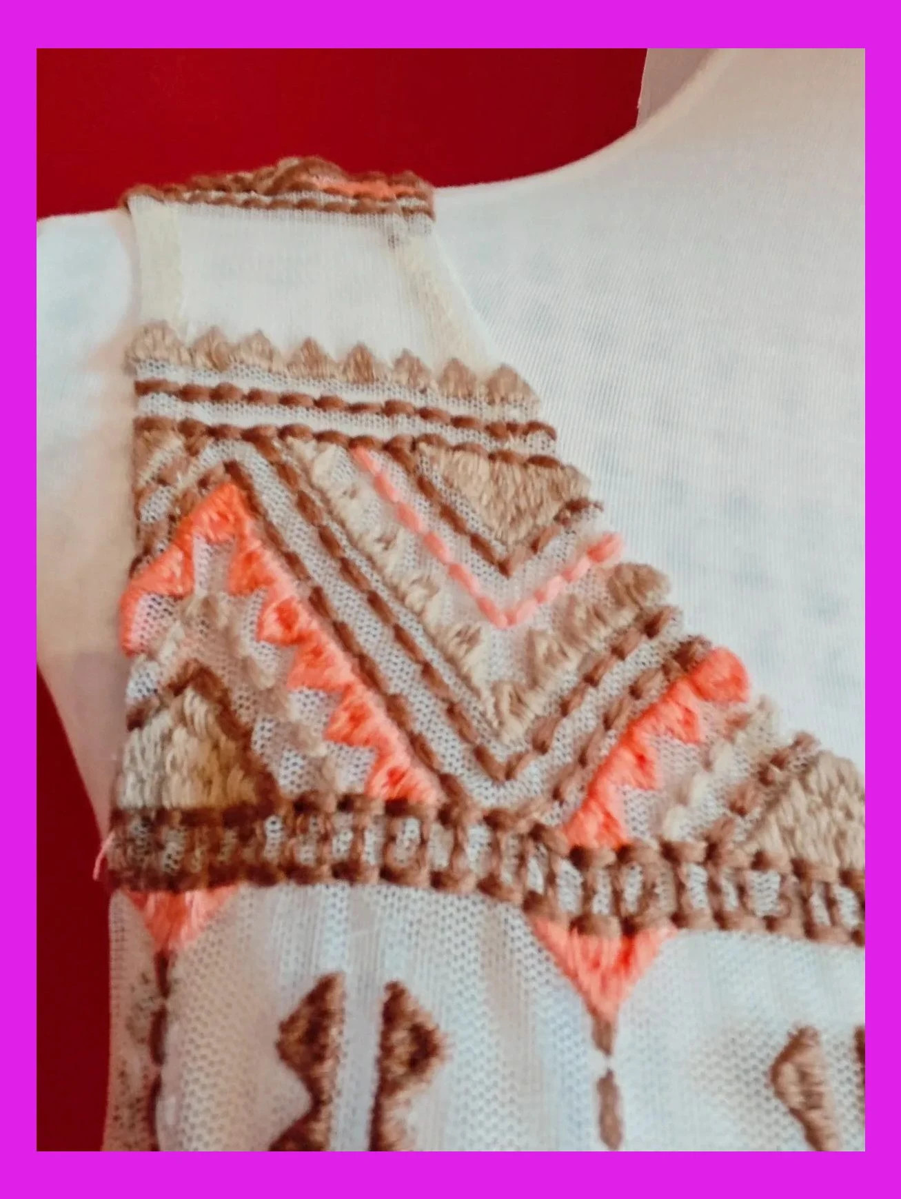 🌺 Vestido caftán de gasa tono crema con bordados étnicos en la parte delantera superior – Vintage Dressing – taille M / 38 / 10 4