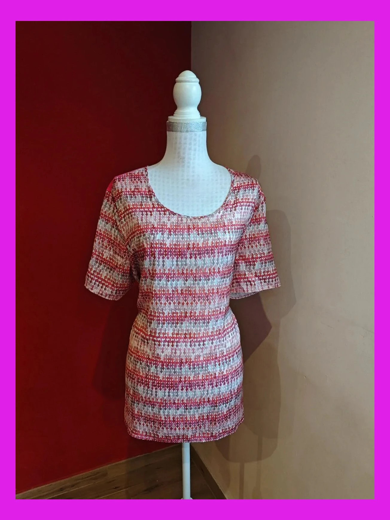 🌺Camiseta de algodón y modal, estampado fucsia, gris y blanco, de Gerry Weber – Gerry Weber – taille 5XL / 50 / 22 2