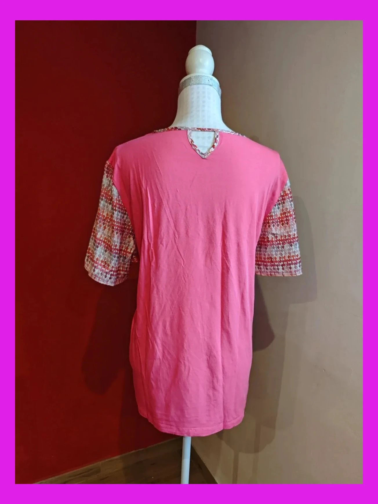 🌺Camiseta de algodón y modal, estampado fucsia, gris y blanco, de Gerry Weber – Gerry Weber – taille 5XL / 50 / 22 5