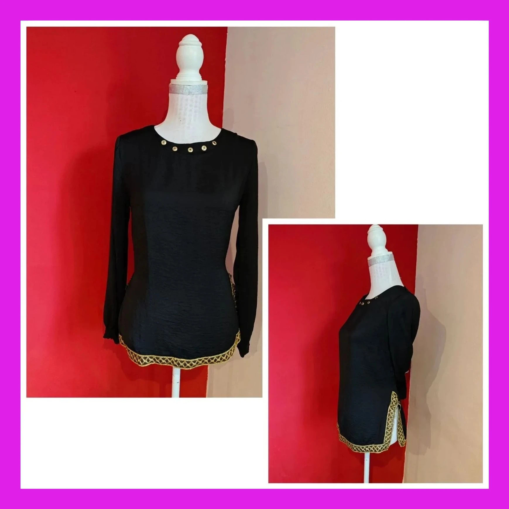 🌺Blusa negra con botones dorados en cuello y pasamanería dorada en bajo, talla M