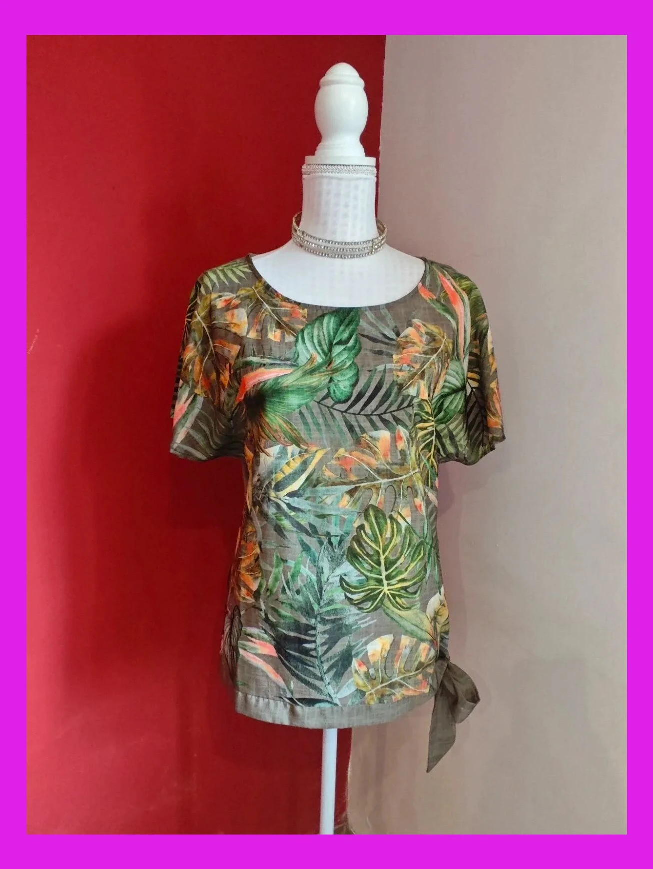 🌺 Camiseta con estampado tropical tonos verdes y naranja delante y liso de punto detrás – Cortefiel – taille XL / 42 / 14