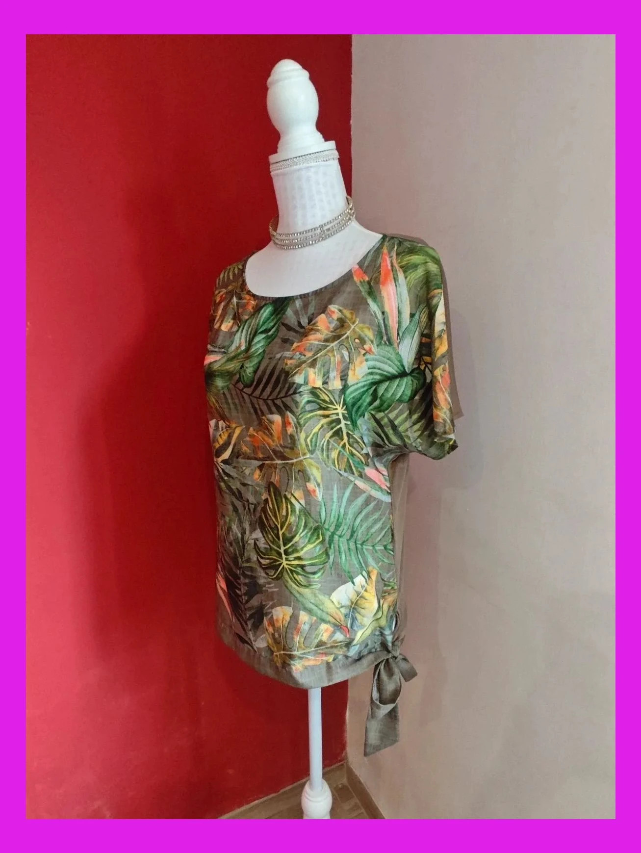 🌺 Camiseta con estampado tropical tonos verdes y naranja delante y liso de punto detrás – Cortefiel – taille XL / 42 / 14 2