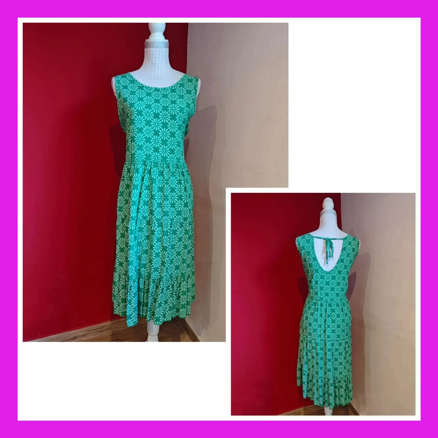 🌺 Cómodo vestido fluido verde con figuras blancas con volante y espalda abierta con lazo, talla 42
