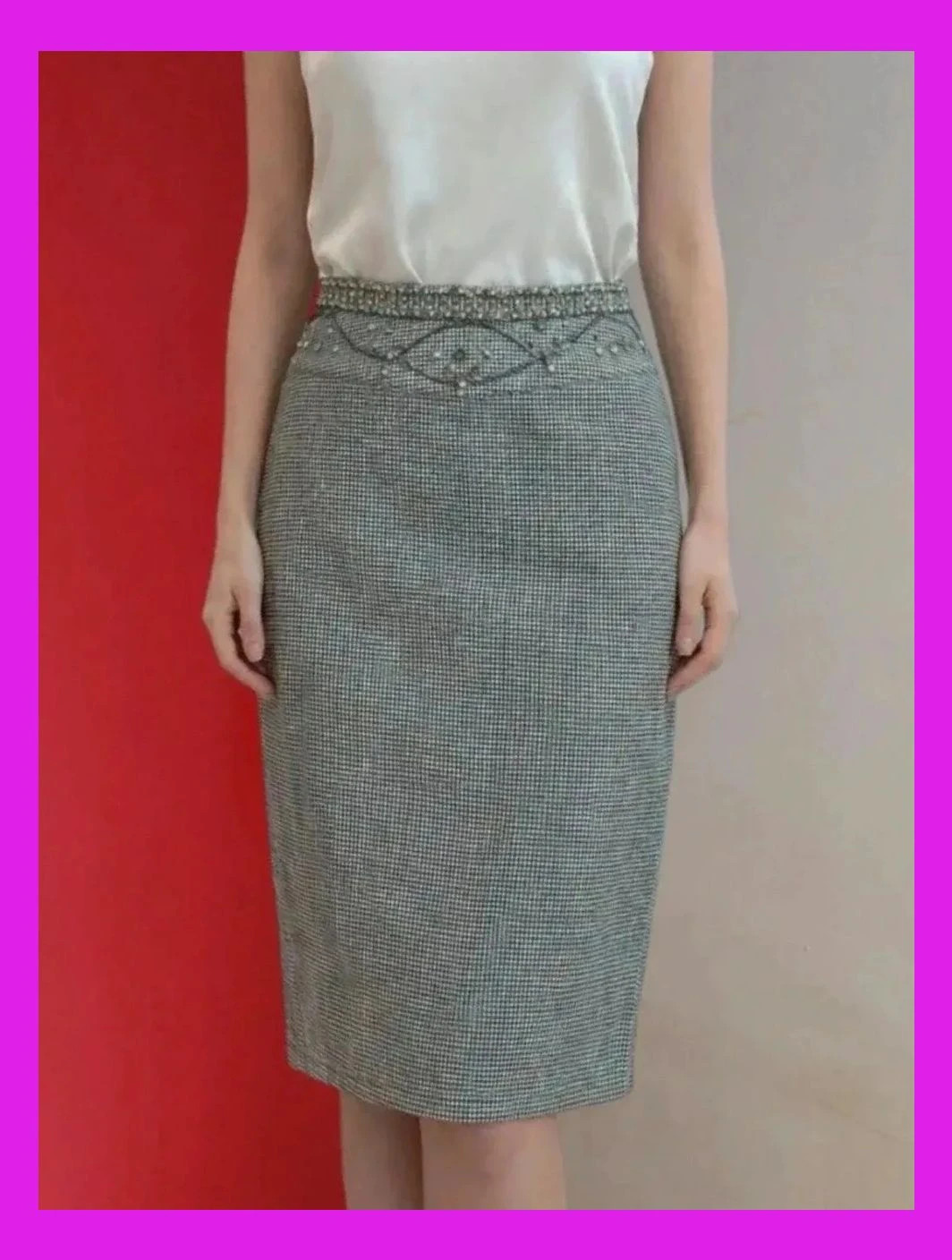 🌺 Bonita falda entallada con estampado pata de gallo con brillantes cosidos en cintura, talla M