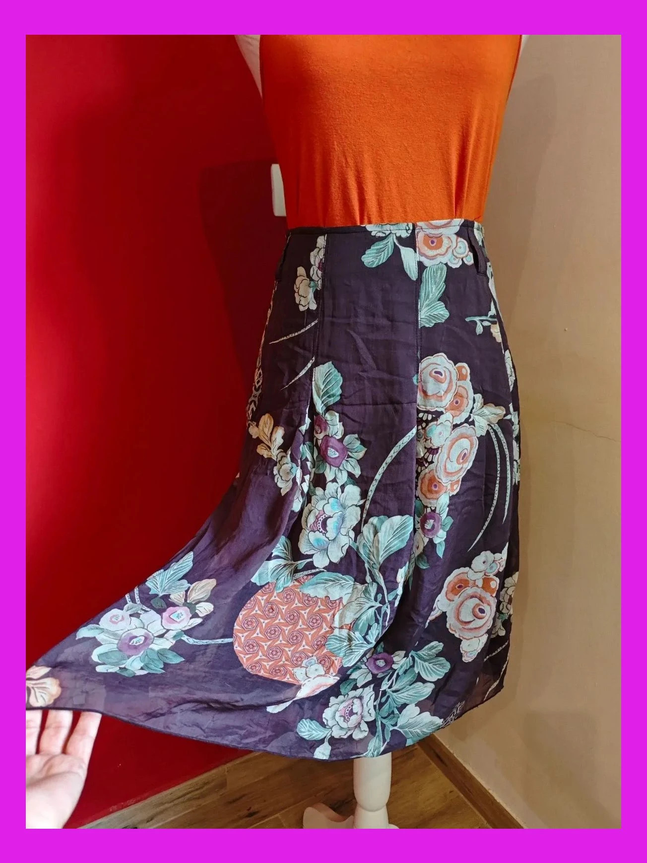 🌺 Preciosa falda de seda marrón con estampado floral – Pauline B. – taille L / 40 / 12 2