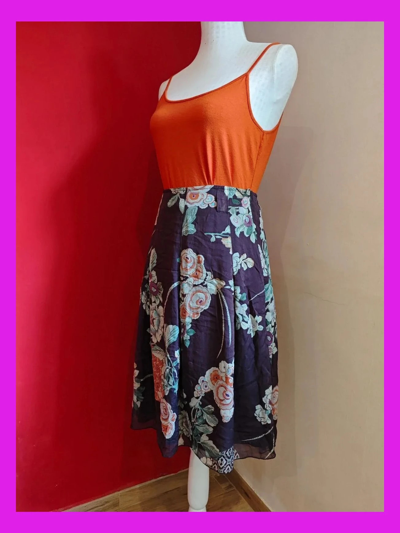 🌺 Preciosa falda de seda marrón con estampado floral – Pauline B. – taille L / 40 / 12 3
