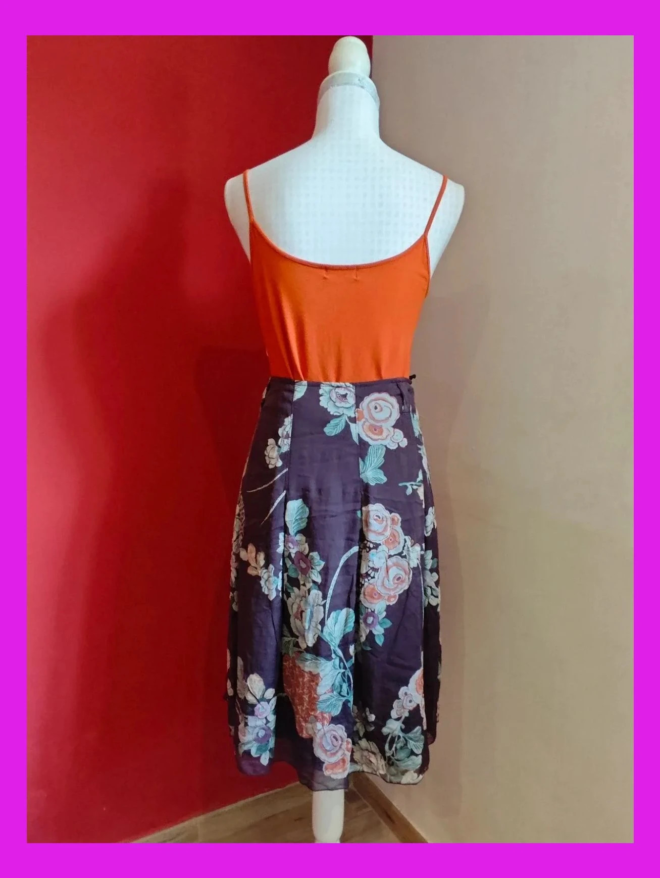 🌺 Preciosa falda de seda marrón con estampado floral – Pauline B. – taille L / 40 / 12 5