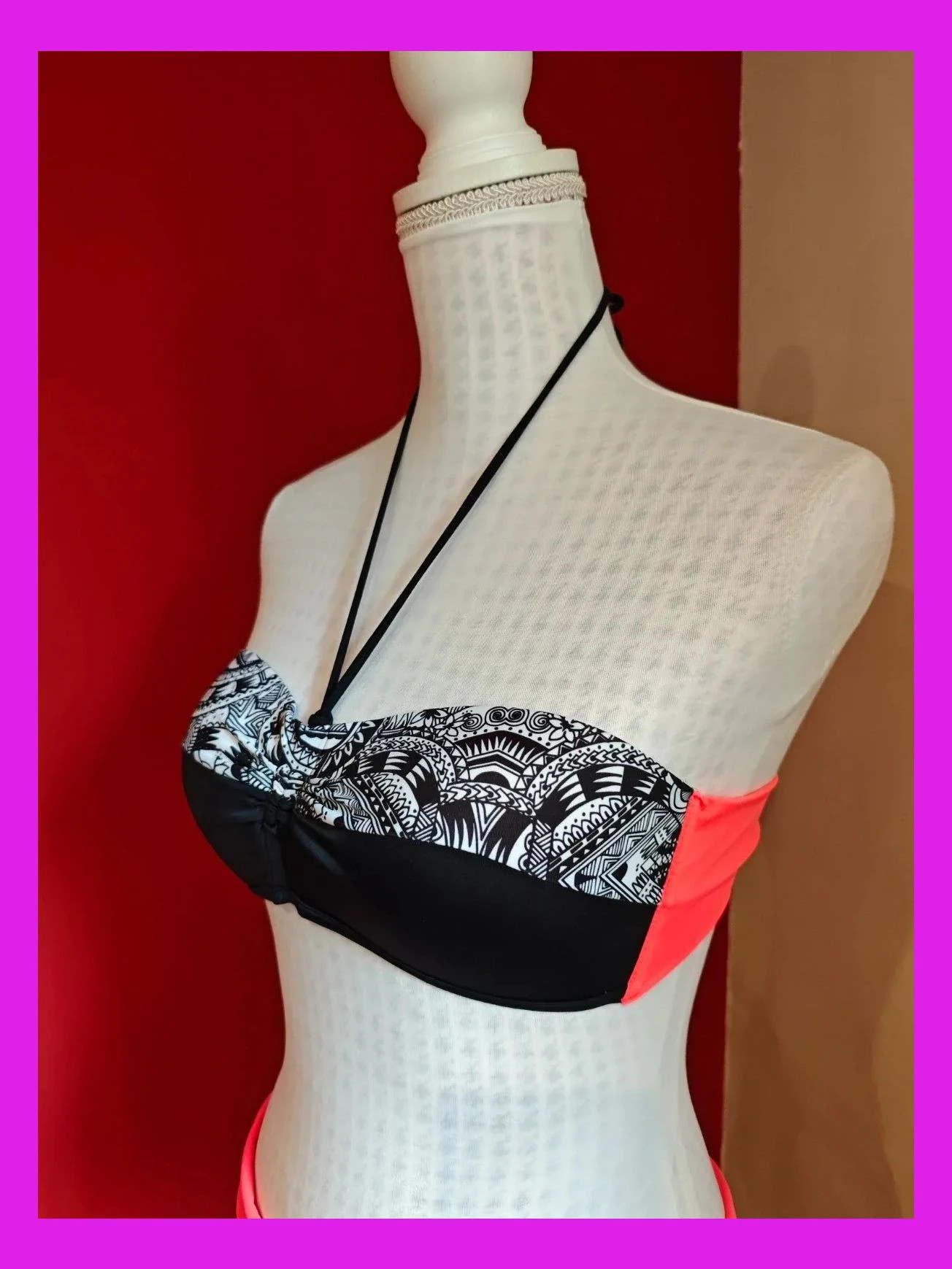 🌺 Precioso bikini bandeau estampado tribal blanco y negro con coral vibrante – Olaian – taille M / 38 / 10 3