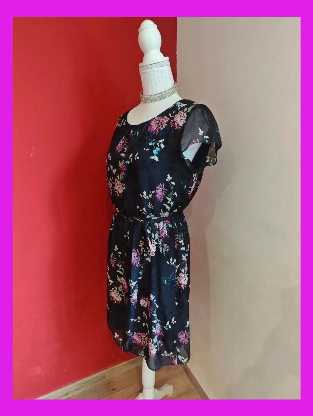 🌺 Vestido de gasa negra con estampado floral – F&F – taille XL / 42 / 14 2