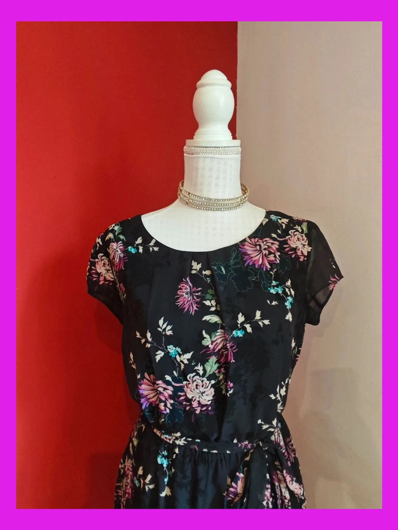 🌺 Vestido de gasa negra con estampado floral – F&F – taille XL / 42 / 14 3