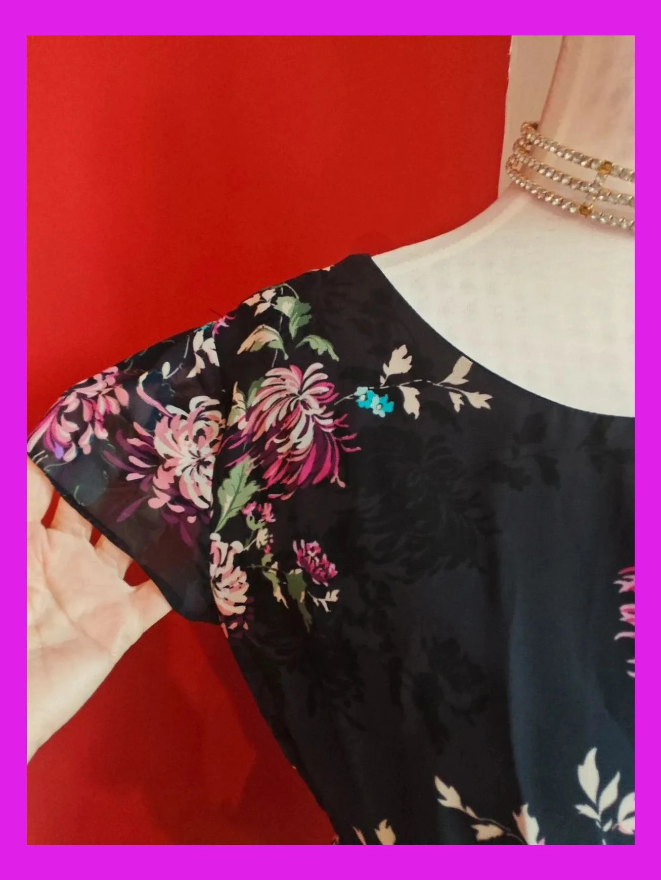 🌺 Vestido de gasa negra con estampado floral – F&F – taille XL / 42 / 14 4