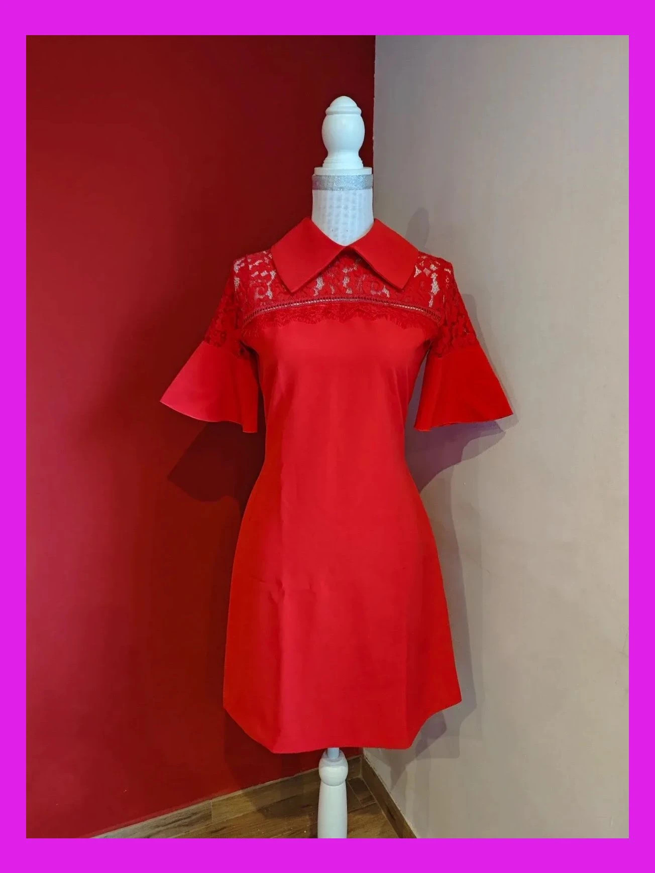 🌺 Precioso vestido rojo con encaje en escote y mangas acampanadas, talla S