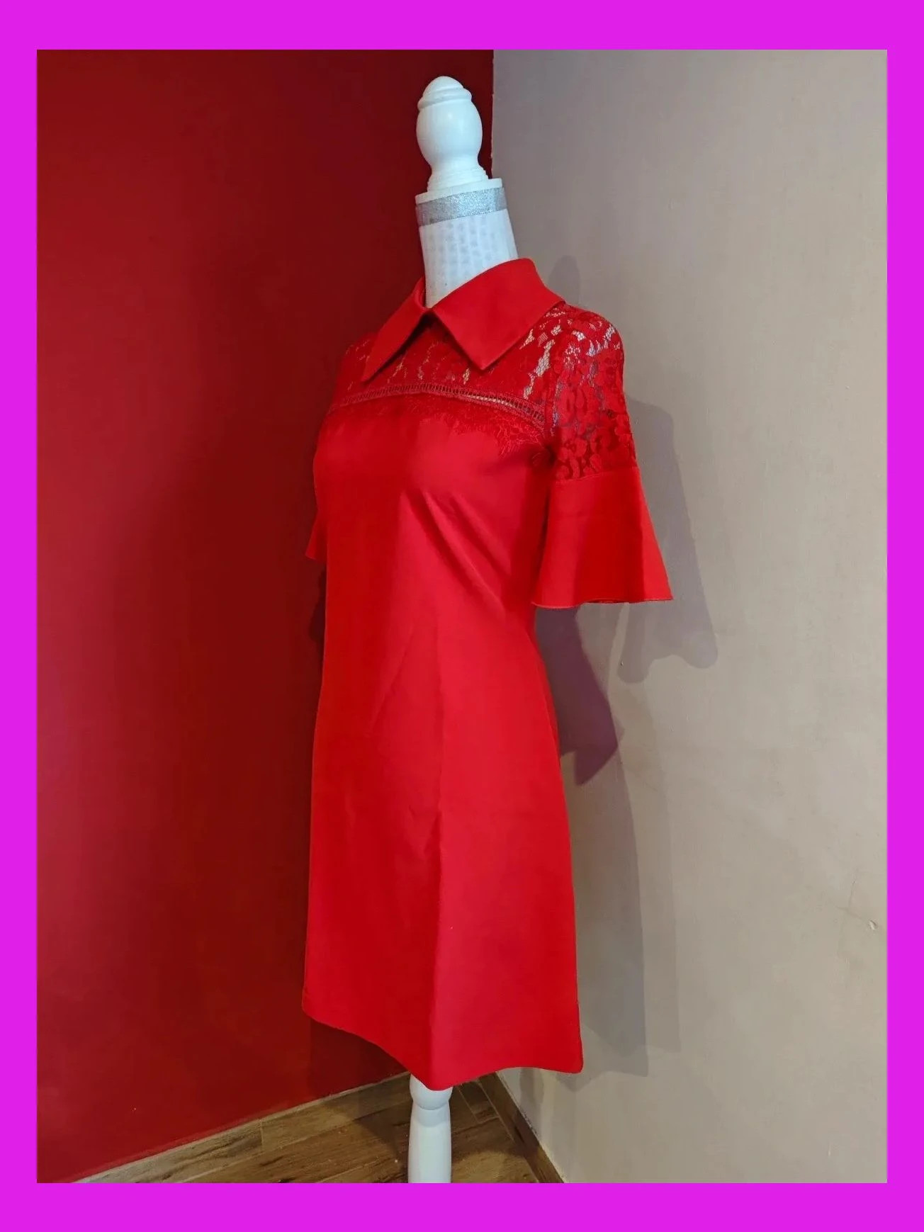 🌺 Precioso vestido rojo con encaje en escote y mangas acampanadas, talla S – Siste's – taille S / 36 / 8 2