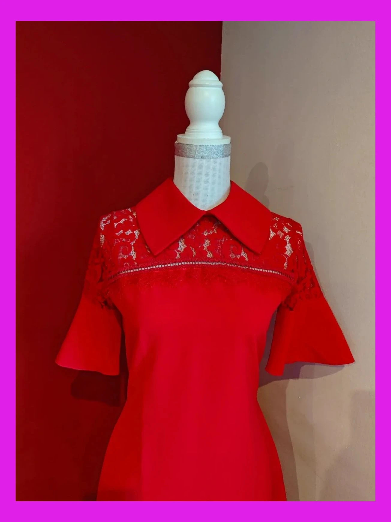 🌺 Precioso vestido rojo con encaje en escote y mangas acampanadas, talla S – Siste's – taille S / 36 / 8 3